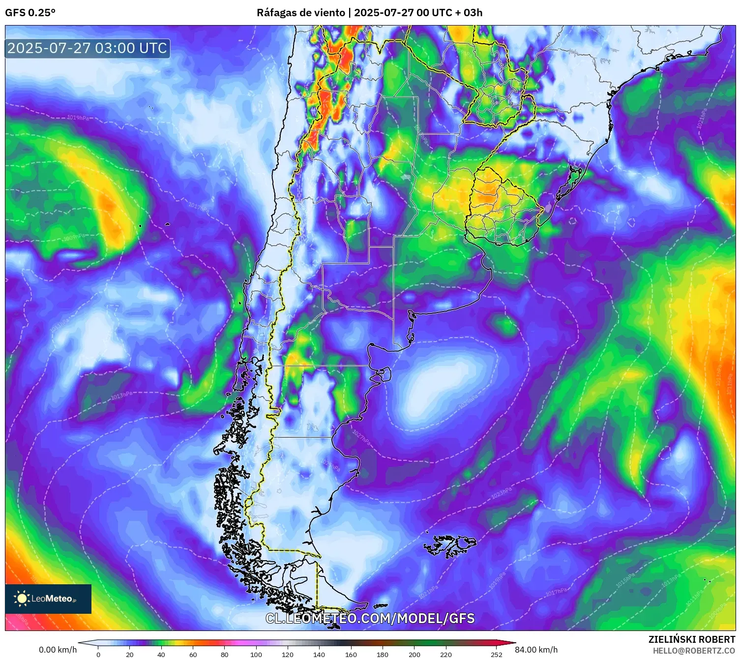GFS model - Argentina, Ráfagas de viento GFS model - Argentina, Ráfagas de viento