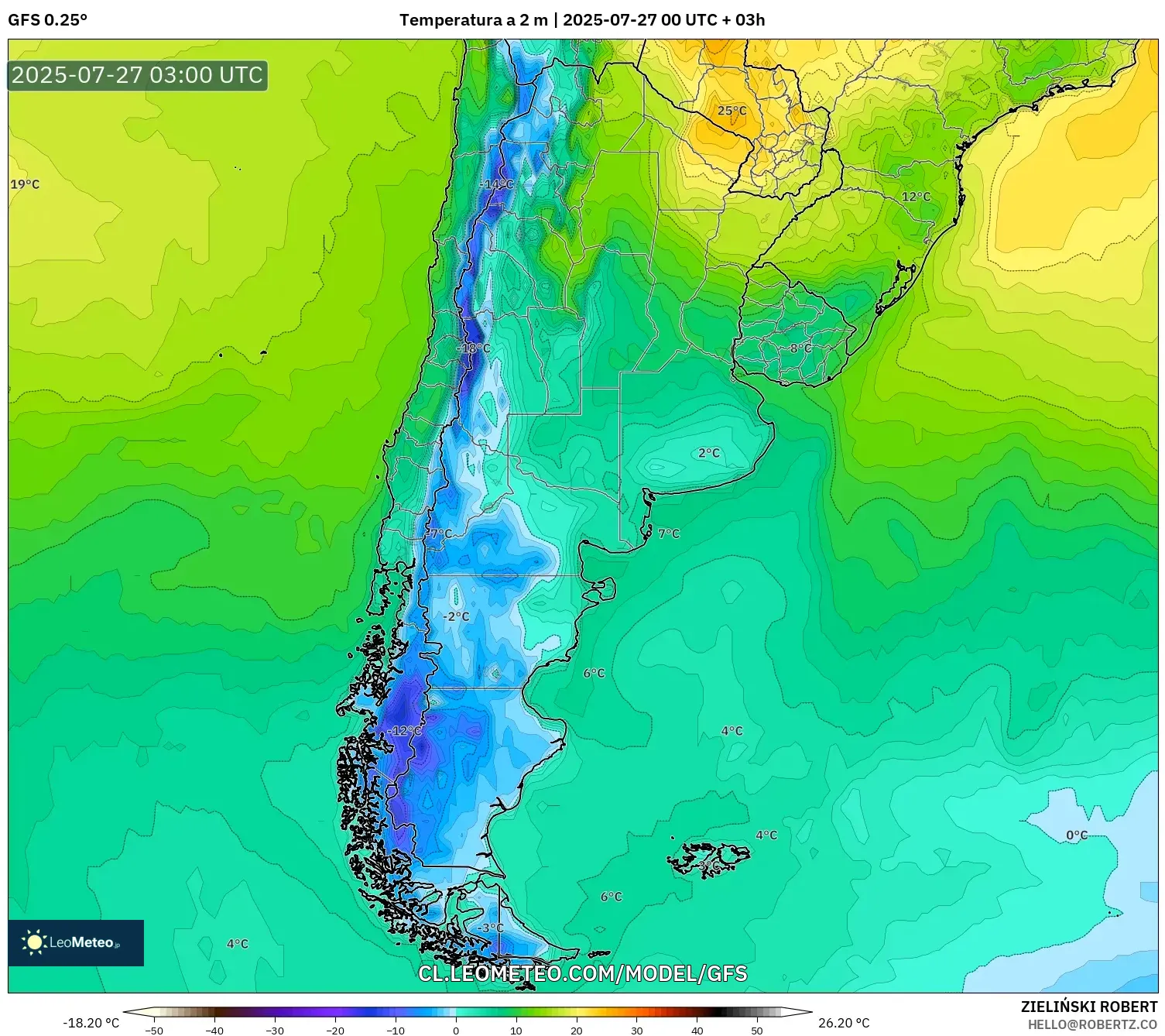 GFS model - Argentina, Temperatura a 2 m GFS model - Argentina, Temperatura a 2 m
