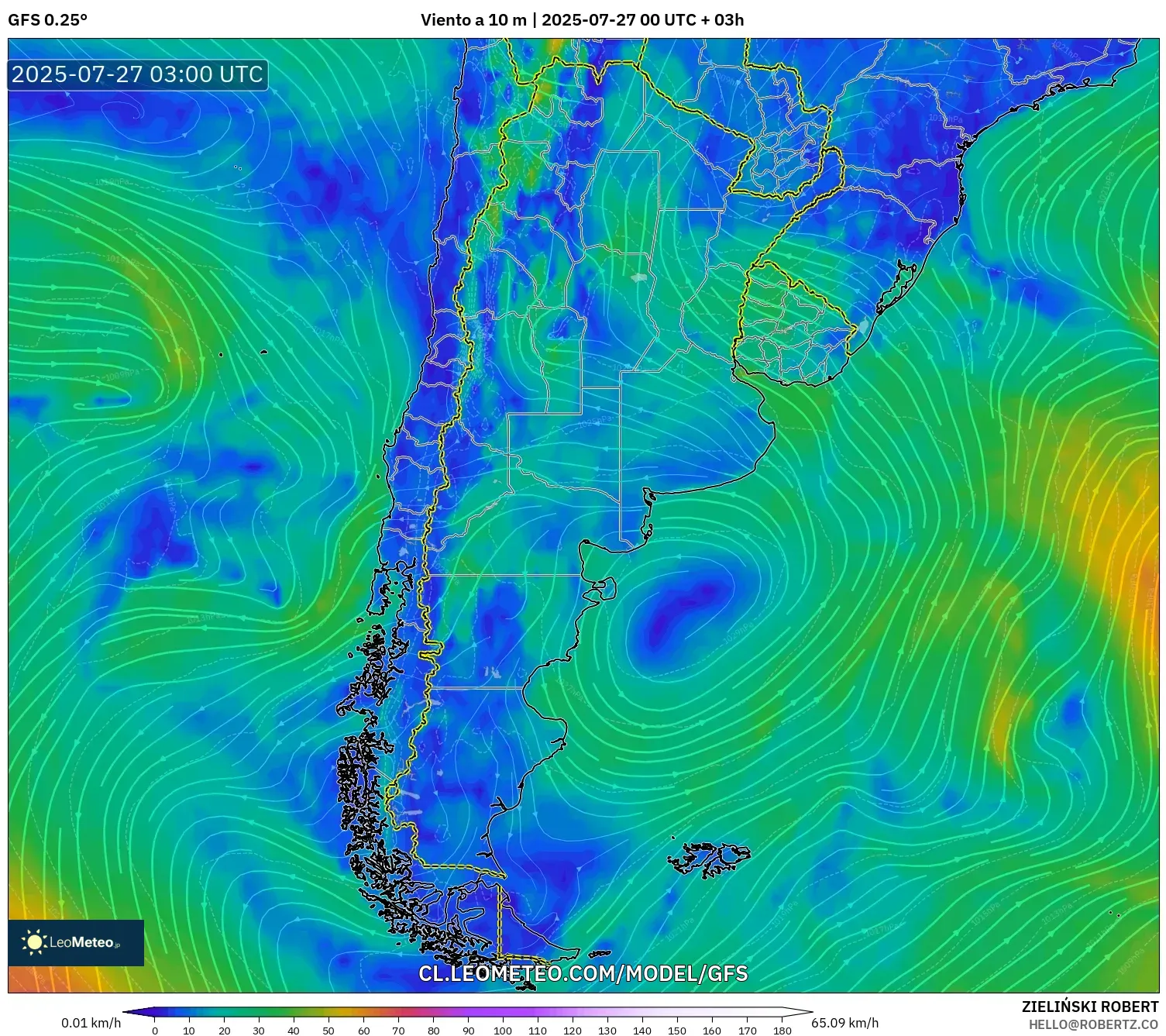GFS model - Argentina, Viento a 10 m GFS model - Argentina, Viento a 10 m
