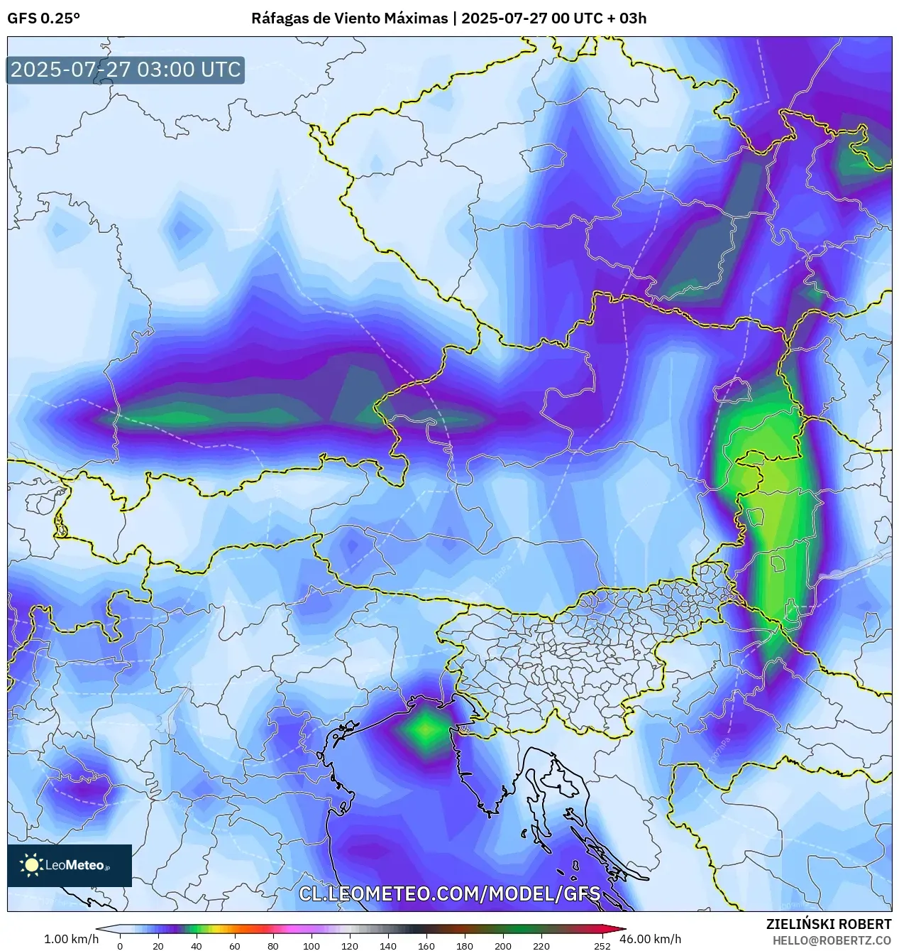 GFS model - Austria, Ráfagas de Viento Máximas GFS model - Austria, Ráfagas de Viento Máximas