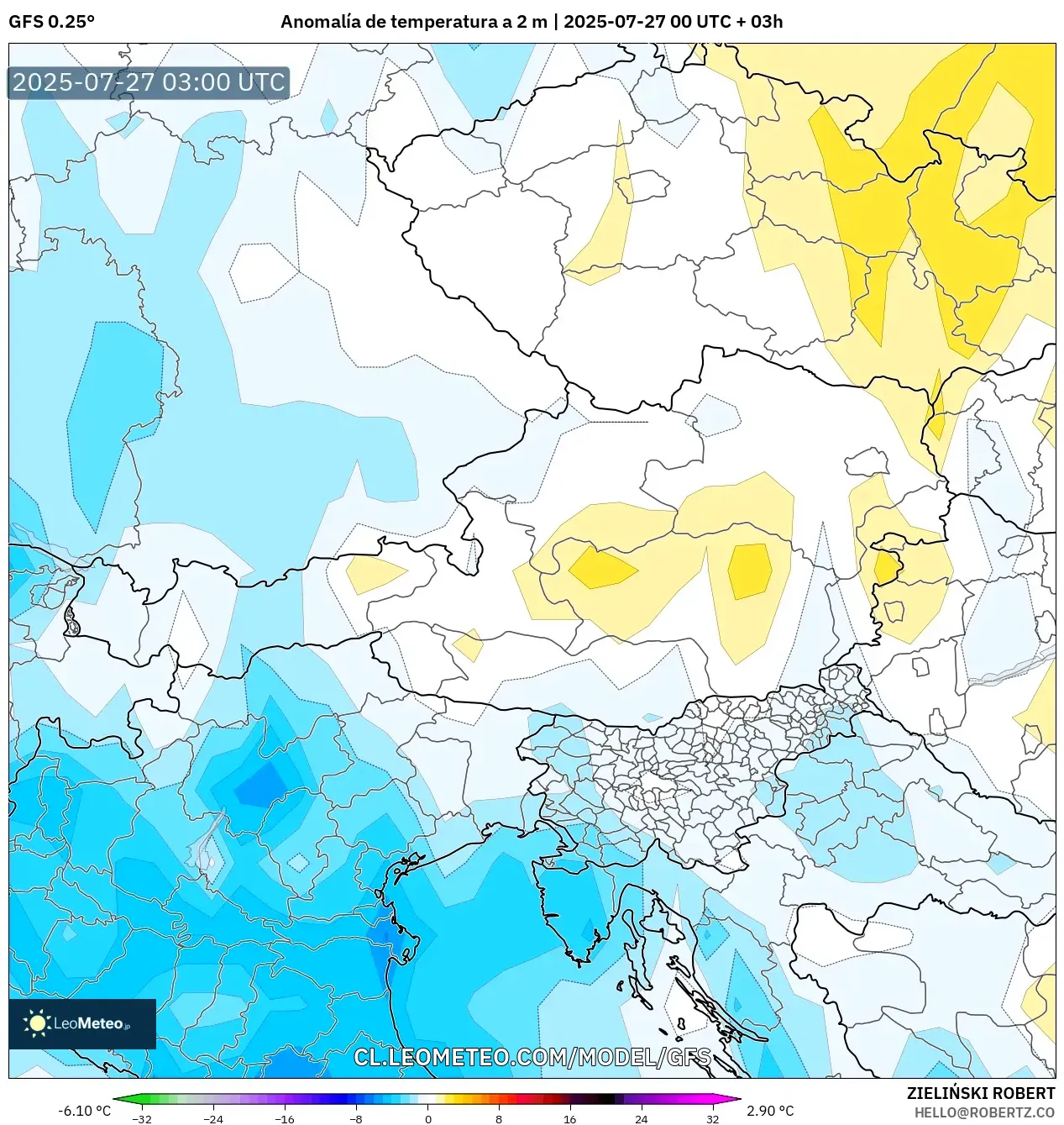 GFS model - Austria, Anomalía de temperatura a 2 m GFS model - Austria, Anomalía de temperatura a 2 m
