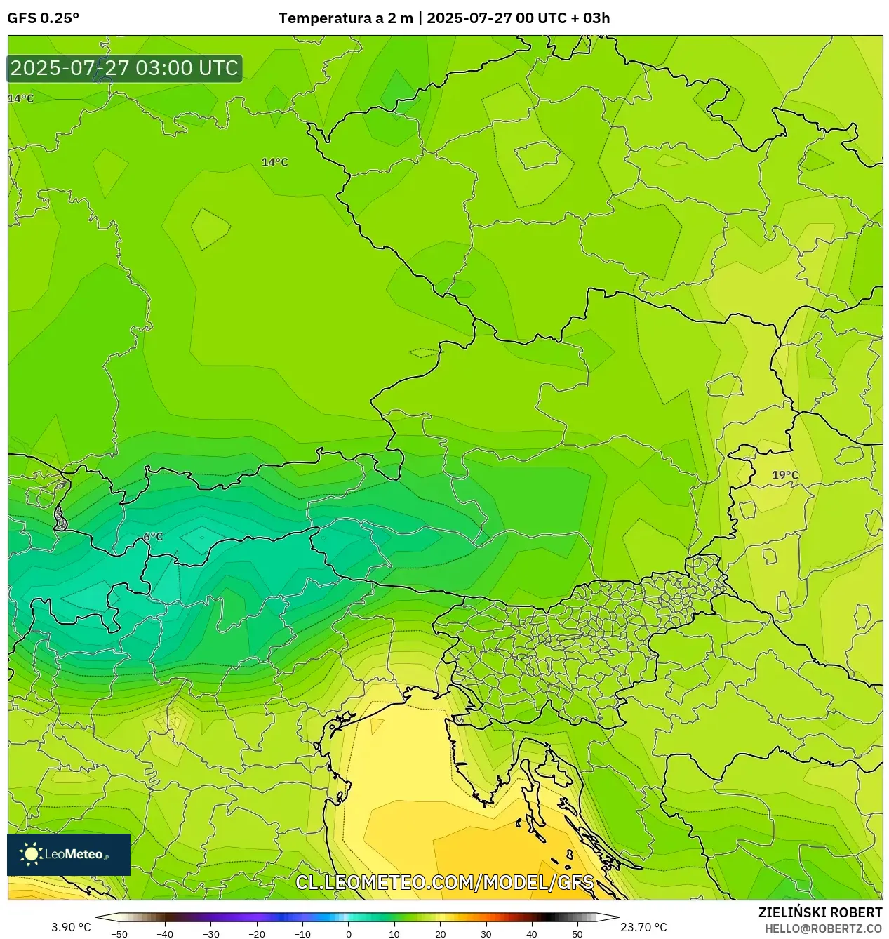 GFS model - Austria, Temperatura a 2 m GFS model - Austria, Temperatura a 2 m