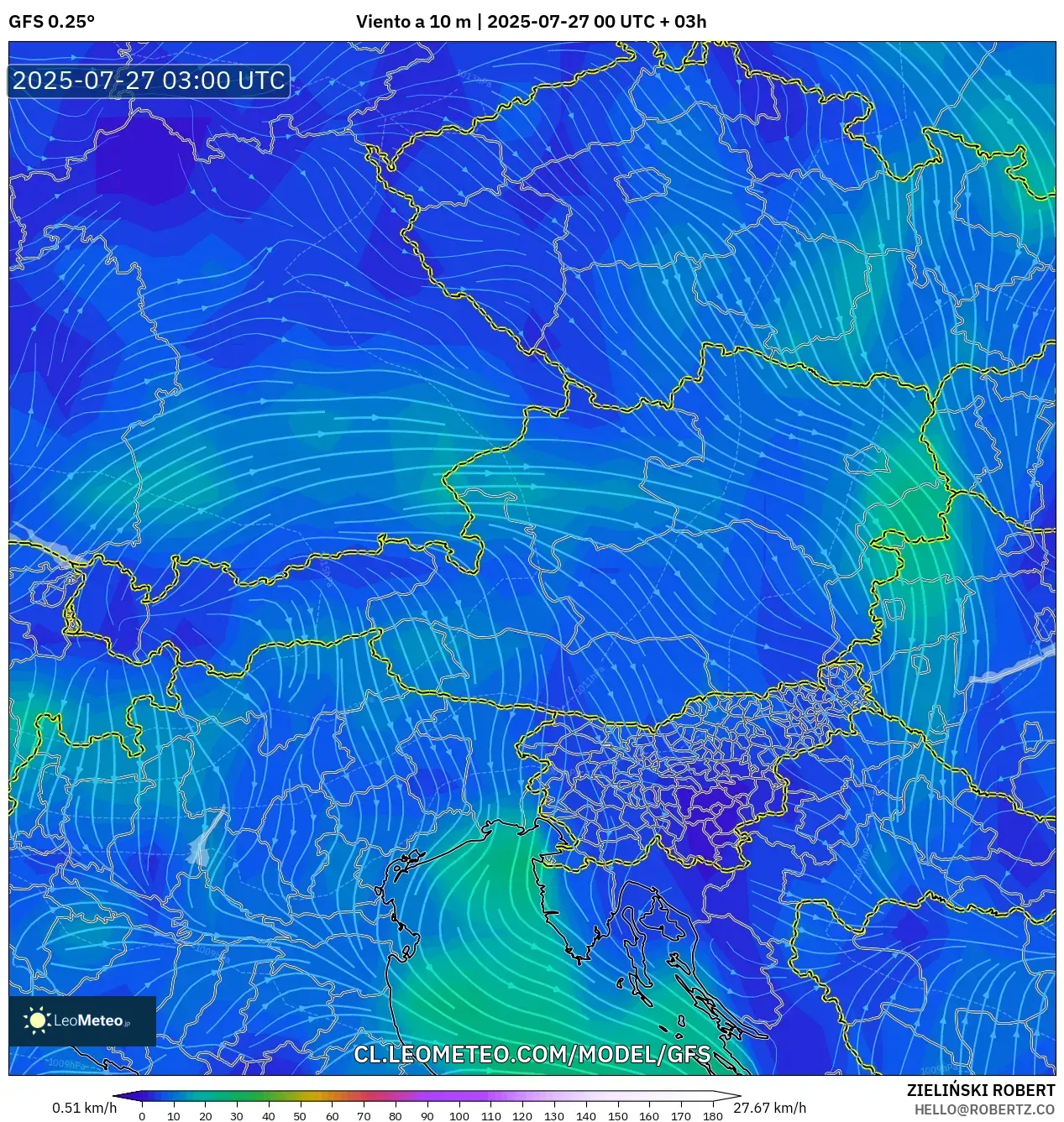 GFS model - Austria, Viento a 10 m GFS model - Austria, Viento a 10 m