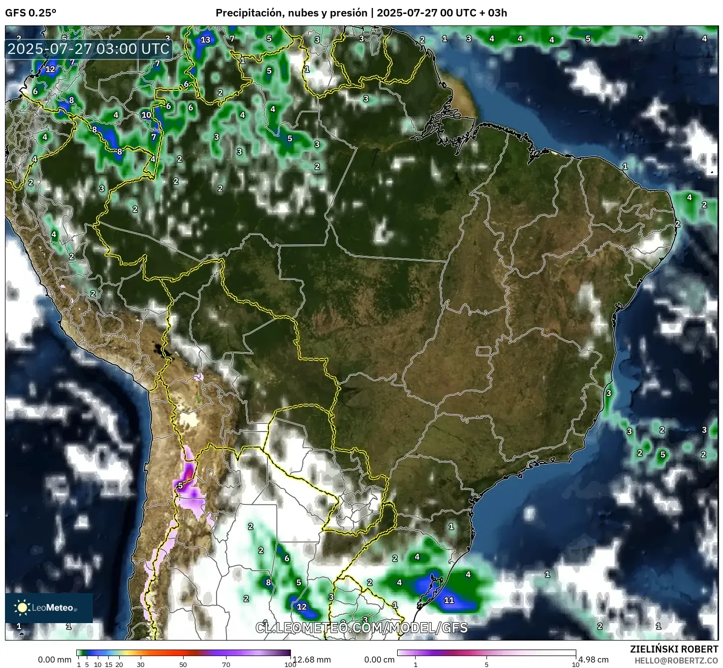 GFS model - Brasil, Precipitación, nubes y presión GFS model - Brasil, Precipitación, nubes y presión