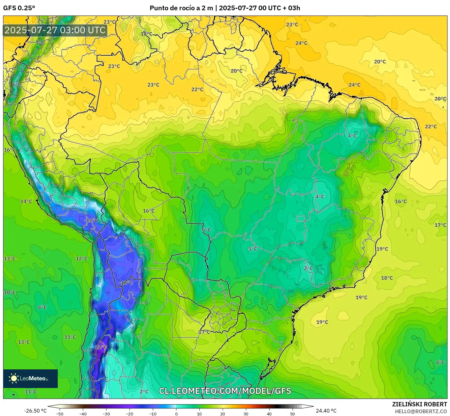 GFS model - Brasil, Punto de rocío a 2 m GFS model - Brasil, Punto de rocío a 2 m