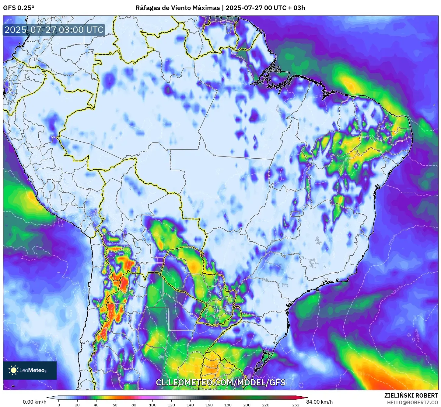 GFS model - Brasil, Ráfagas de Viento Máximas