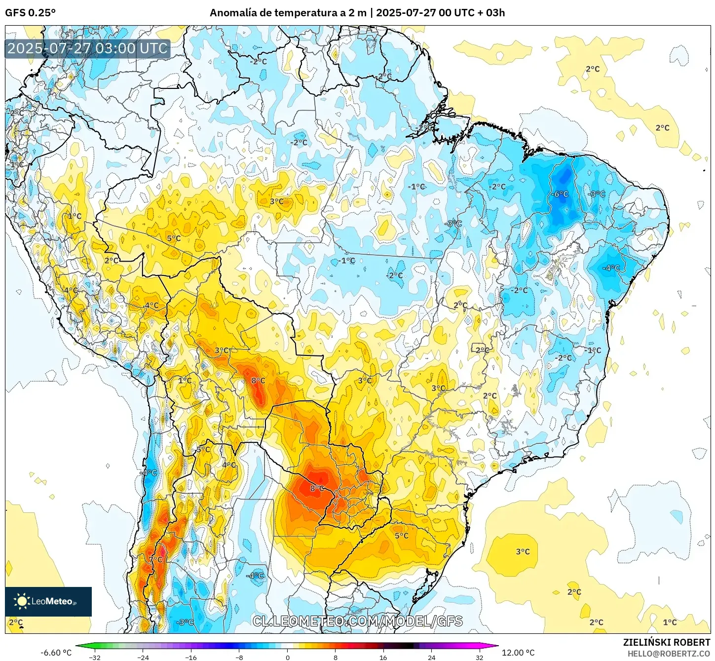 GFS model - Brasil, Anomalía de temperatura a 2 m GFS model - Brasil, Anomalía de temperatura a 2 m