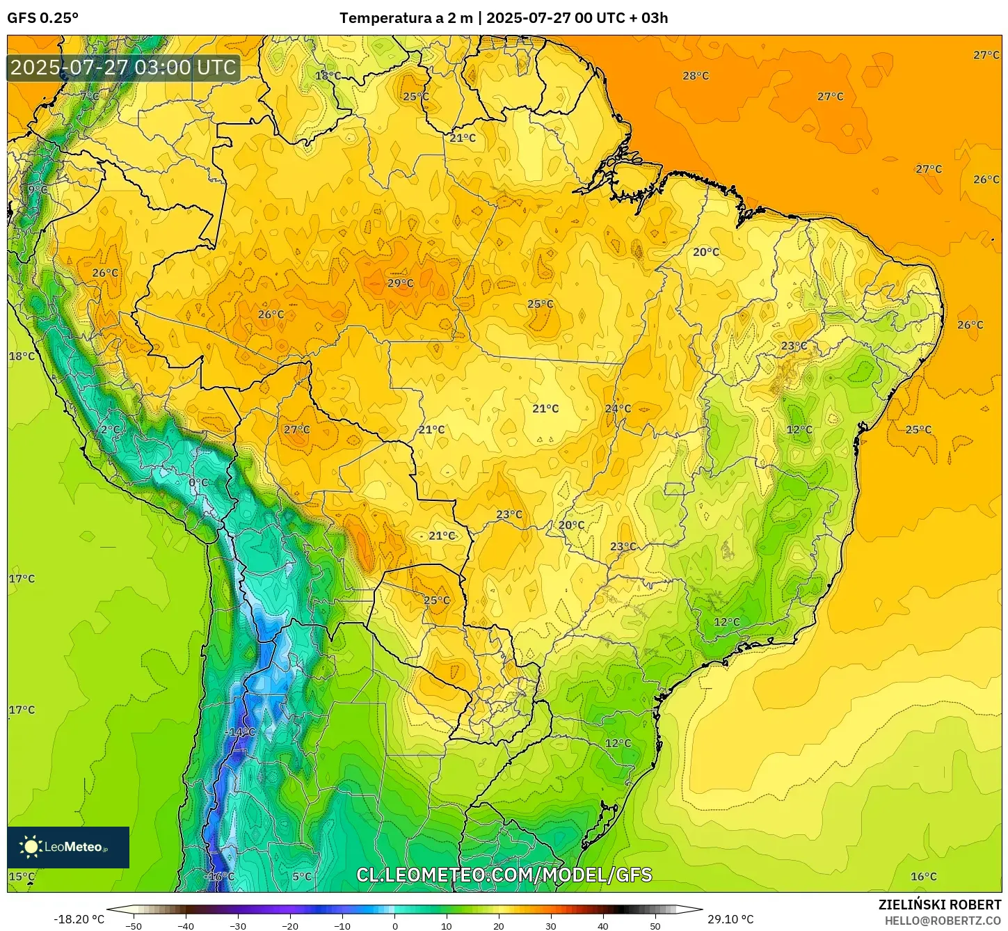 GFS model - Brasil, Temperatura a 2 m