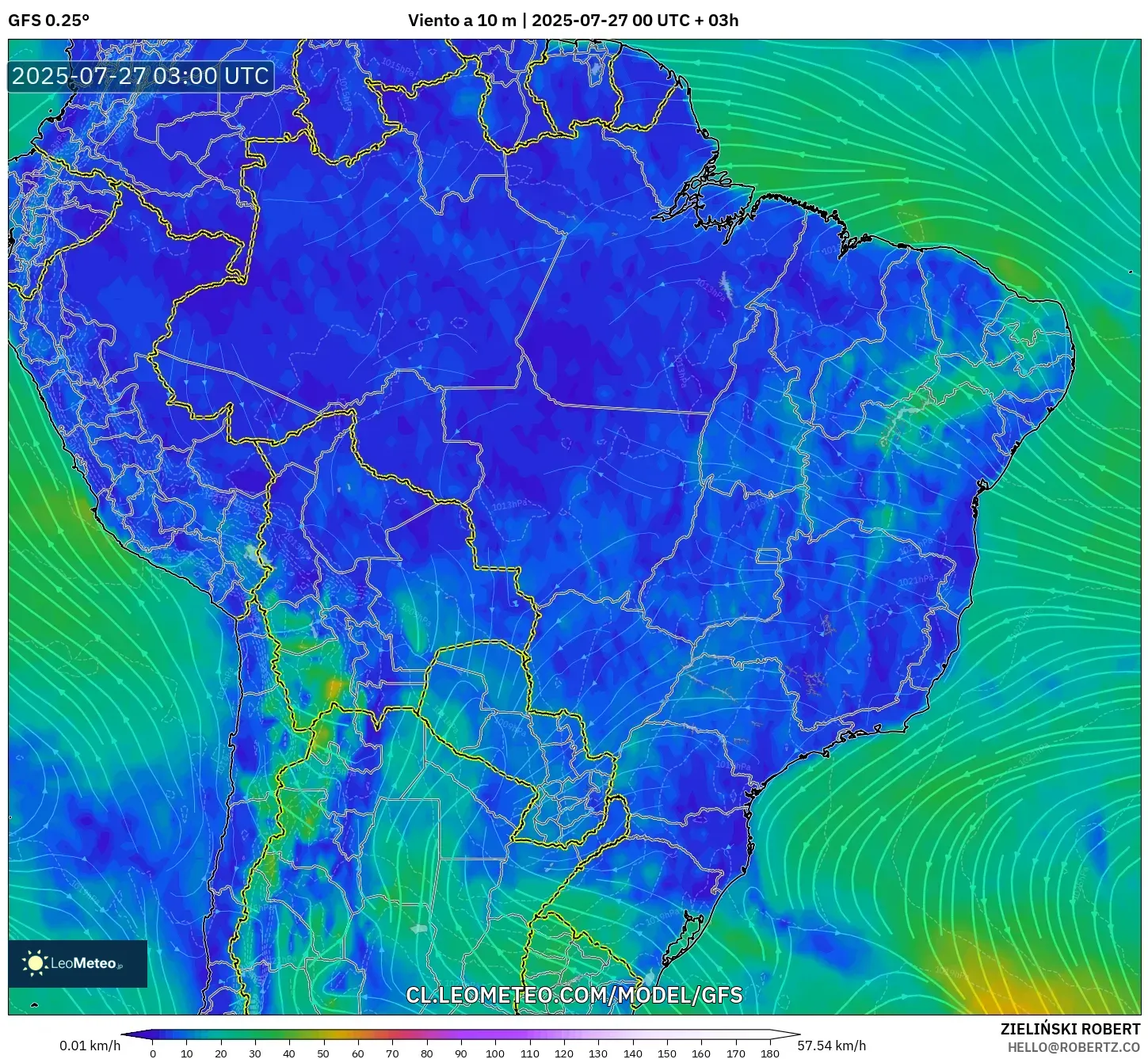 GFS model - Brasil, Viento a 10 m