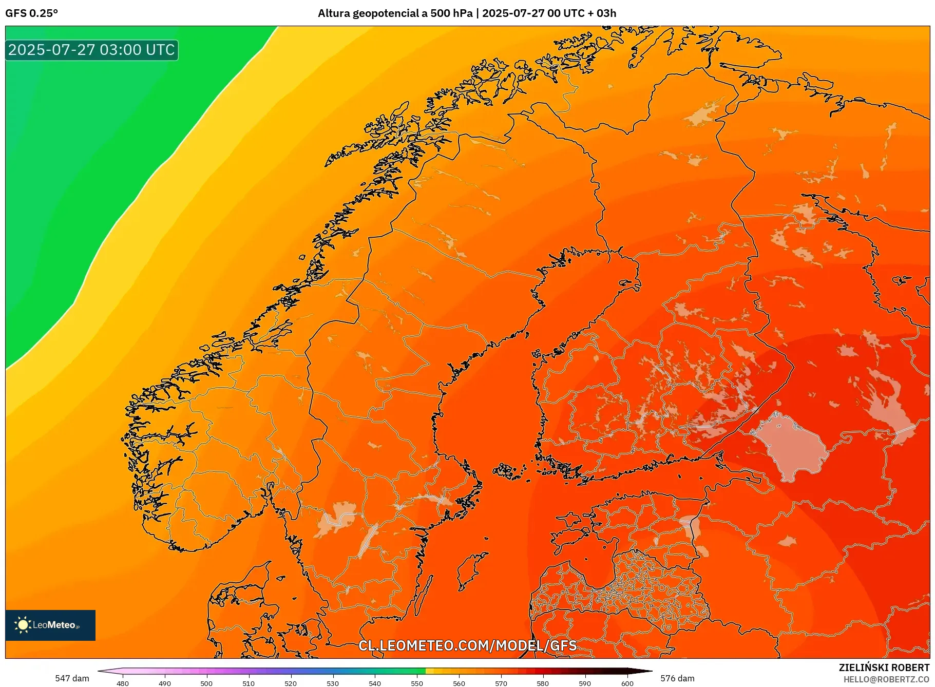 GFS model - Escandinavia, Altura geopotencial a 500 hPa GFS model - Escandinavia, Altura geopotencial a 500 hPa