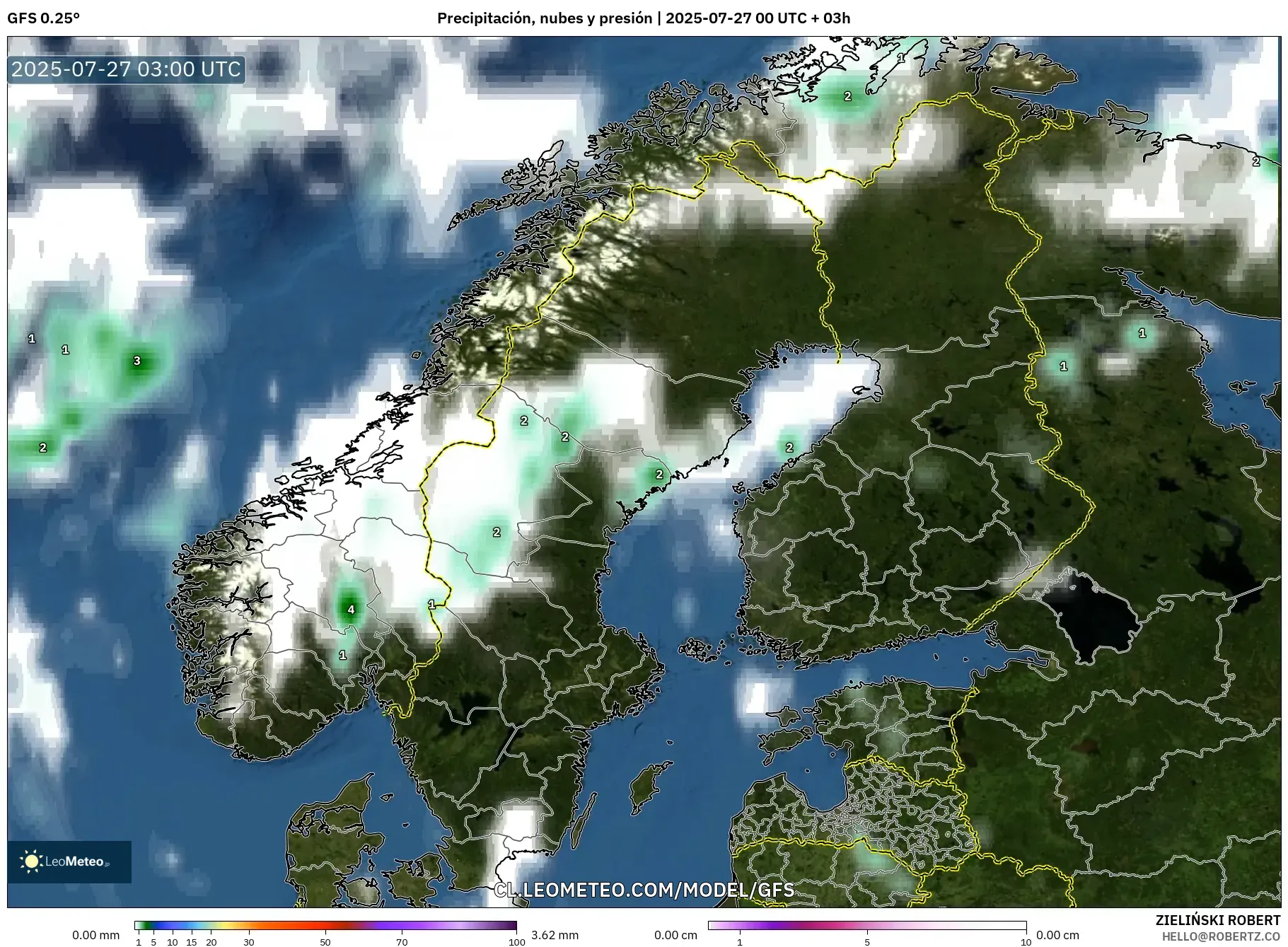 GFS model - Escandinavia, Precipitación, nubes y presión GFS model - Escandinavia, Precipitación, nubes y presión