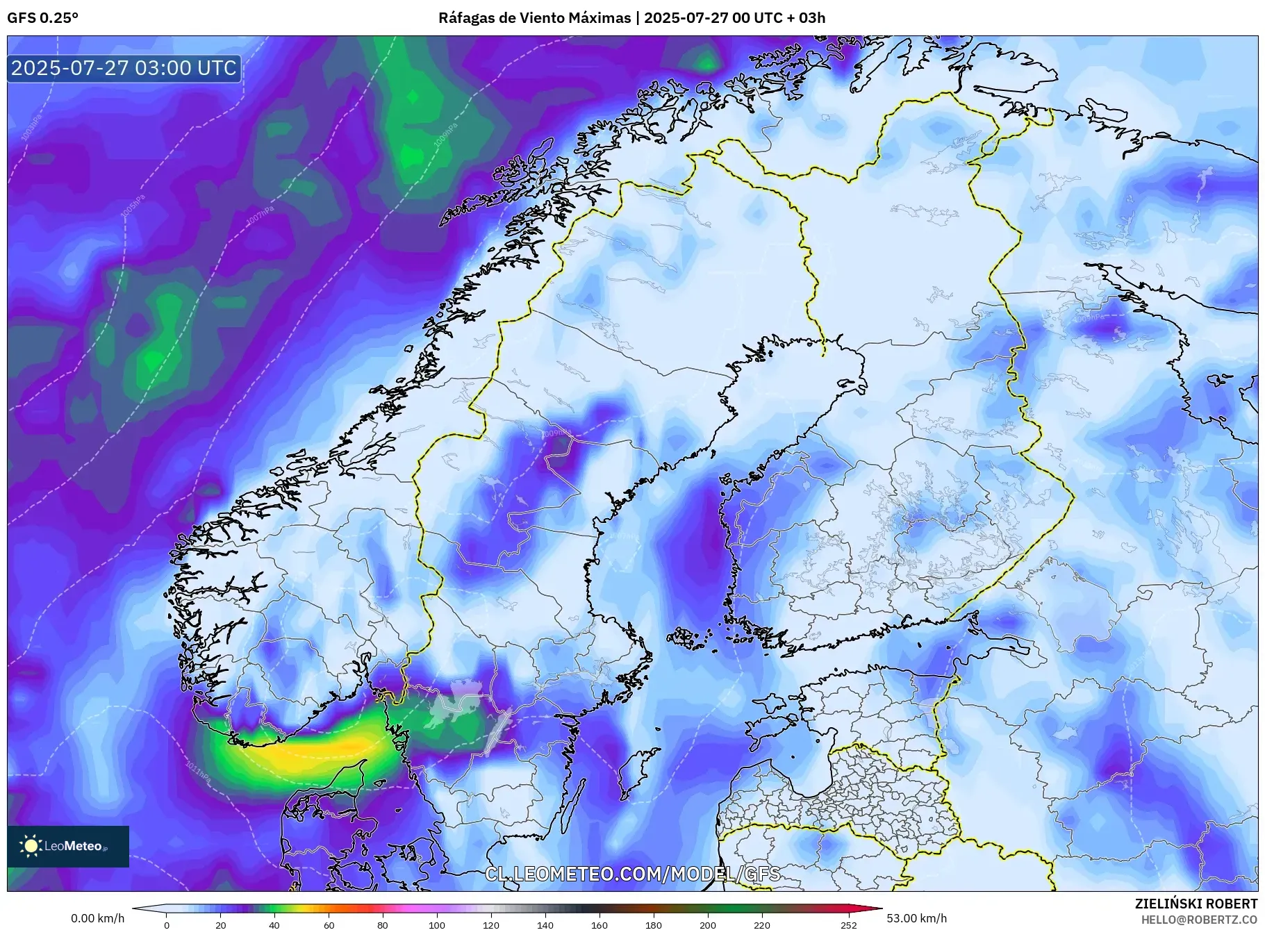 GFS model - Escandinavia, Ráfagas de Viento Máximas