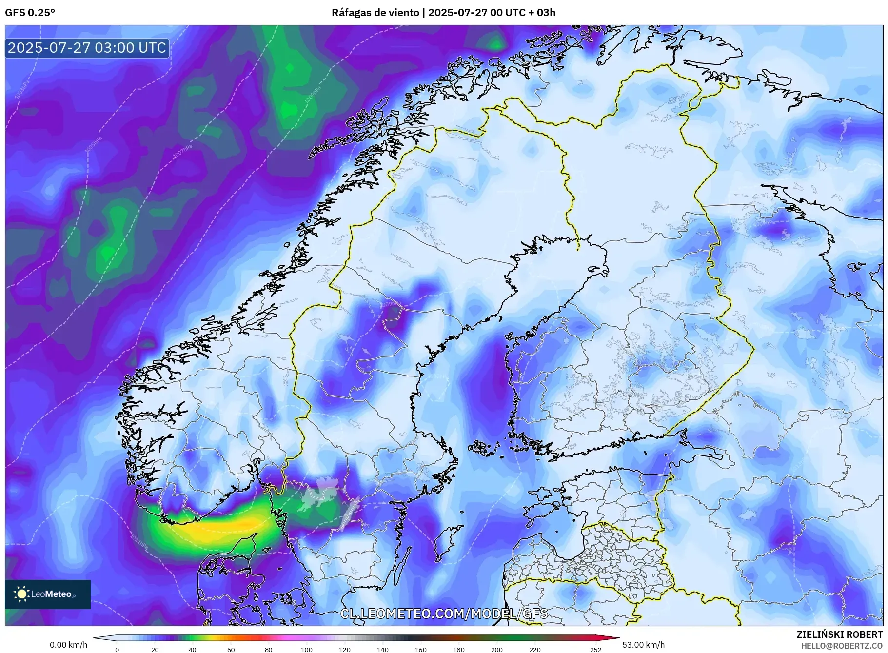 GFS model - Escandinavia, Ráfagas de viento GFS model - Escandinavia, Ráfagas de viento