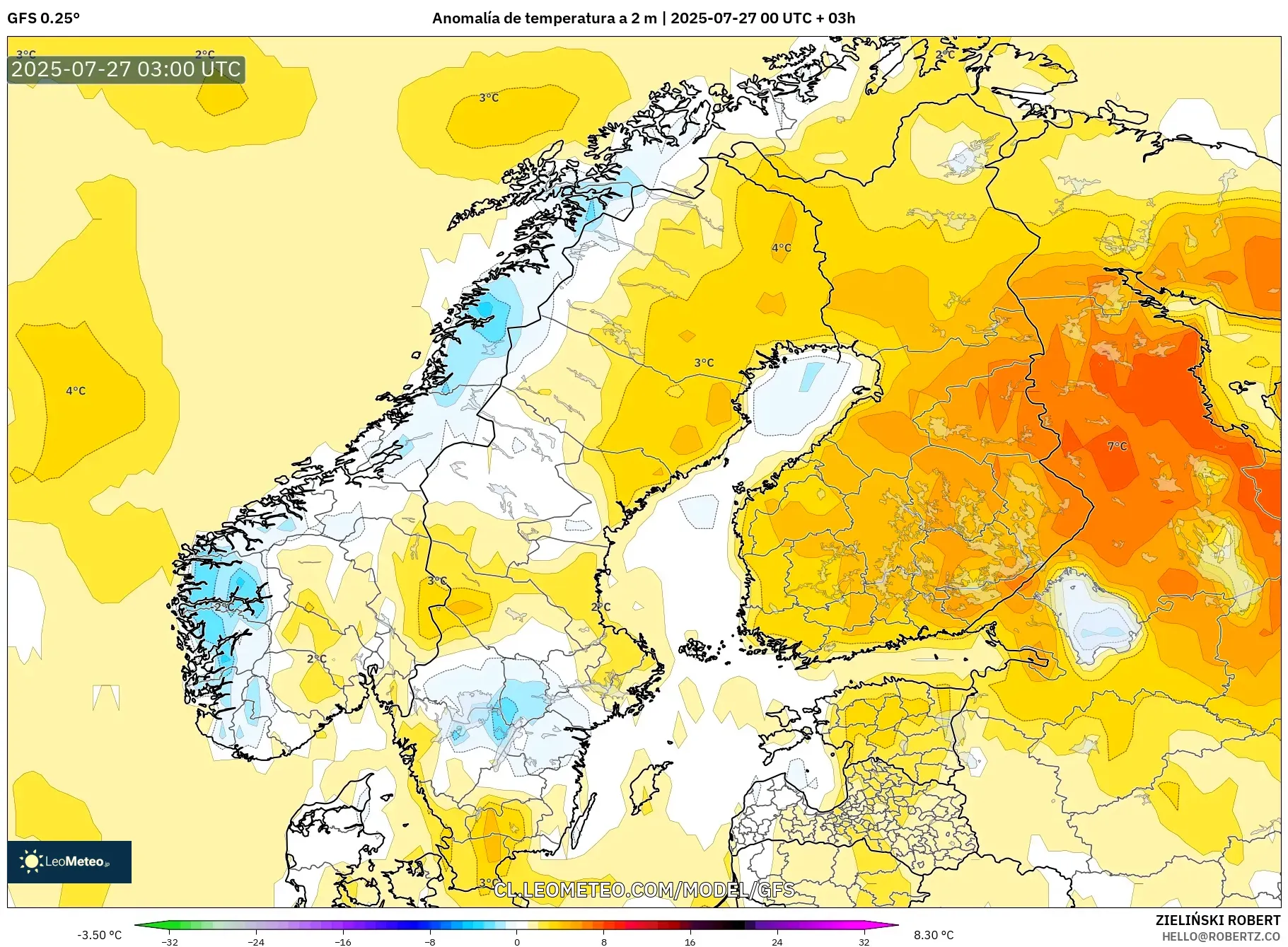 GFS model - Escandinavia, Anomalía de temperatura a 2 m