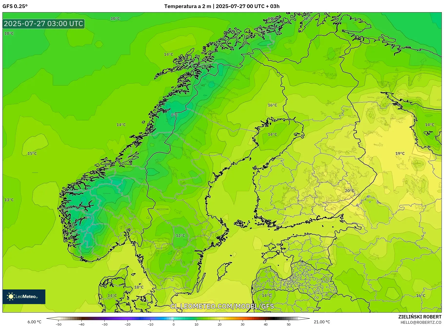 GFS model - Escandinavia, Temperatura a 2 m GFS model - Escandinavia, Temperatura a 2 m