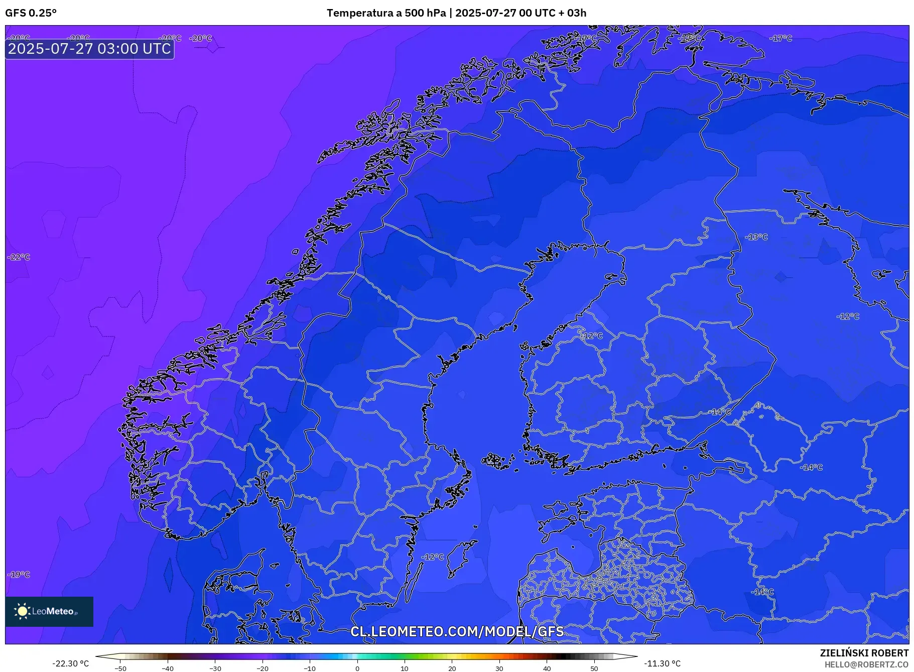 GFS model - Escandinavia, Temperatura a 500 hPa GFS model - Escandinavia, Temperatura a 500 hPa