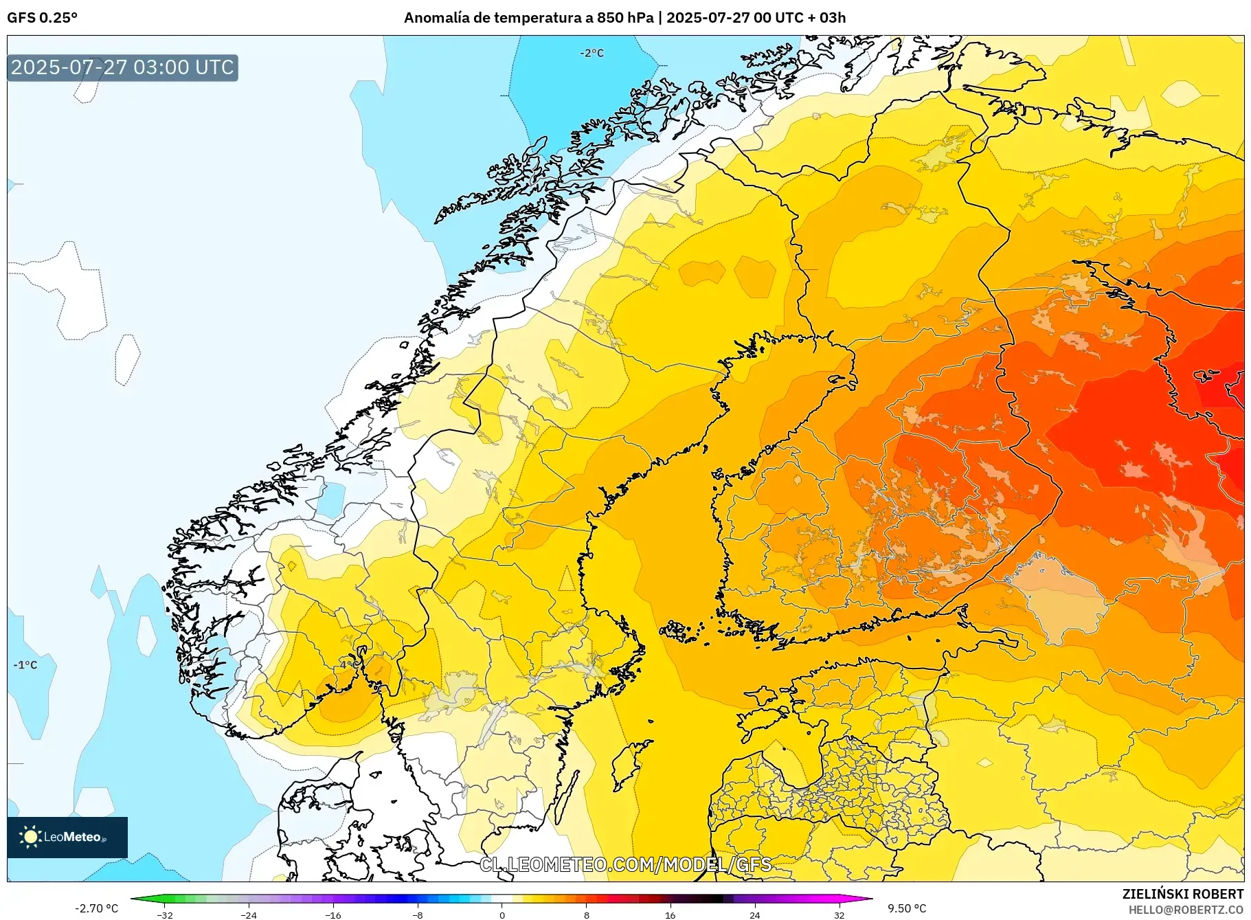 GFS model - Escandinavia, Anomalía de temperatura a 850 hPa GFS model - Escandinavia, Anomalía de temperatura a 850 hPa