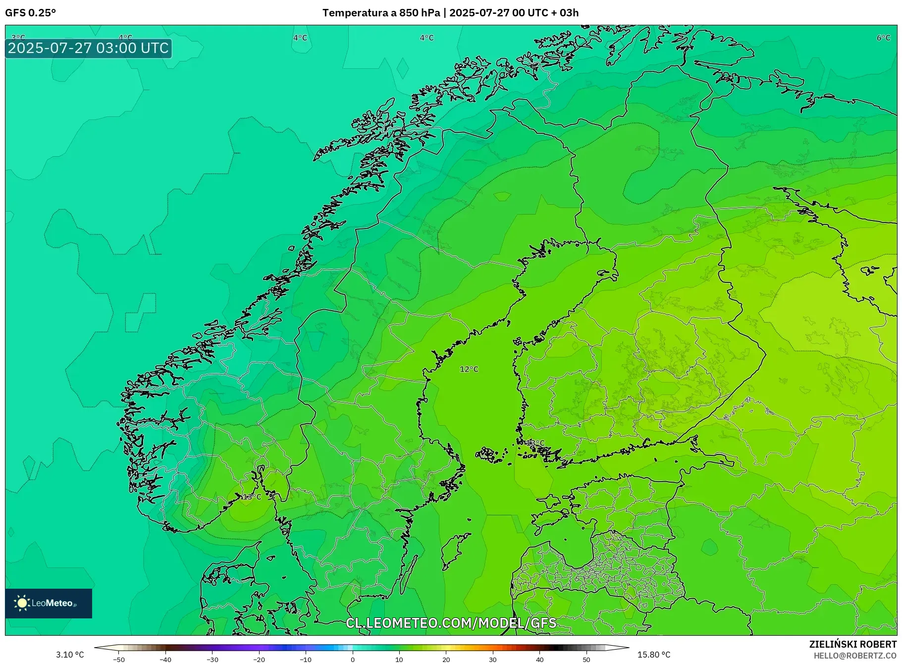 GFS model - Escandinavia, Temperatura a 850 hPa GFS model - Escandinavia, Temperatura a 850 hPa