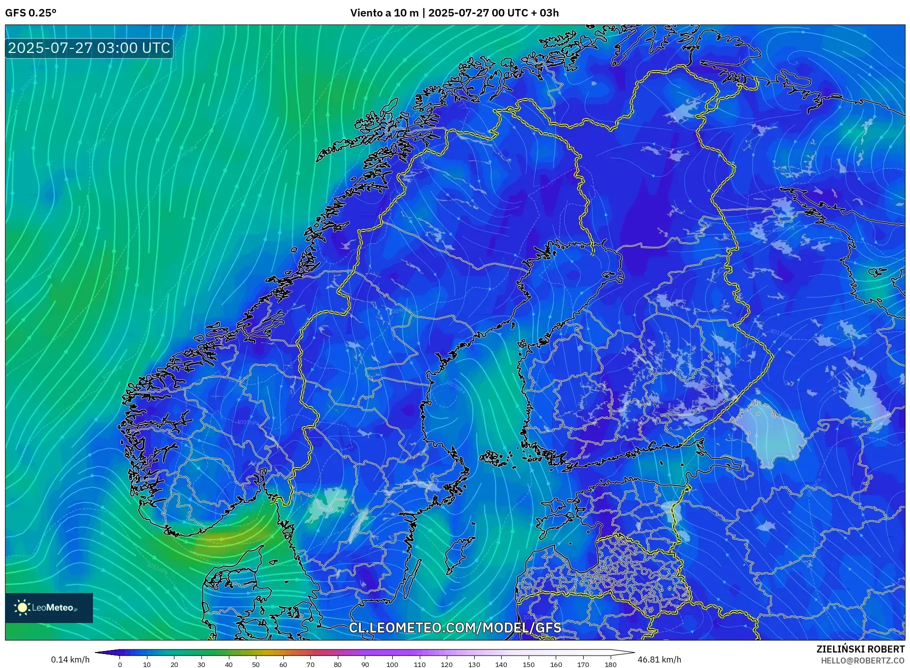 GFS model - Escandinavia, Viento a 10 m
