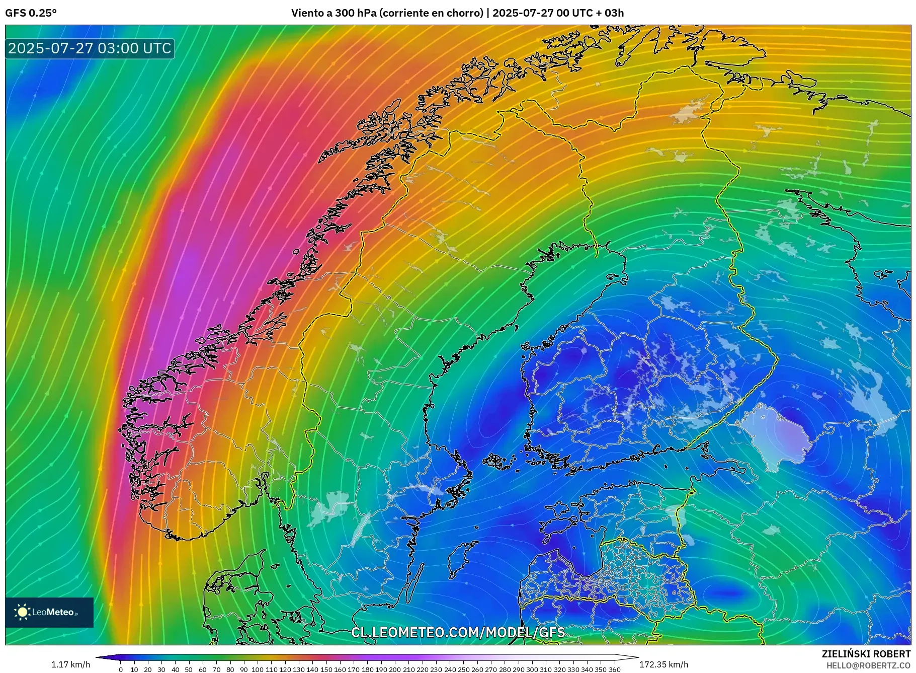 GFS model - Escandinavia, Viento a 300 hPa (corriente en chorro) GFS model - Escandinavia, Viento a 300 hPa (corriente en chorro)
