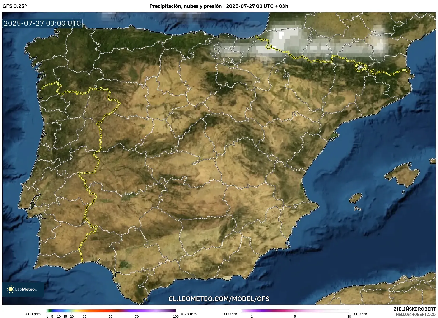 GFS model - España, Precipitación, nubes y presión GFS model - España, Precipitación, nubes y presión