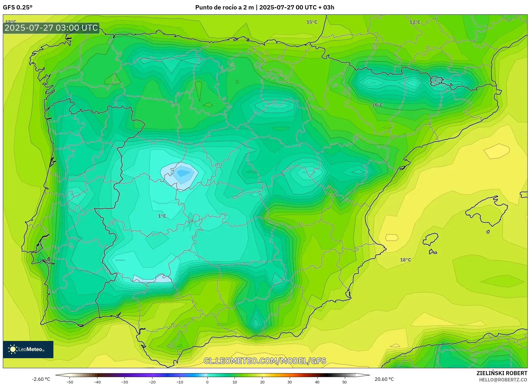 GFS model - España, Punto de rocío a 2 m GFS model - España, Punto de rocío a 2 m