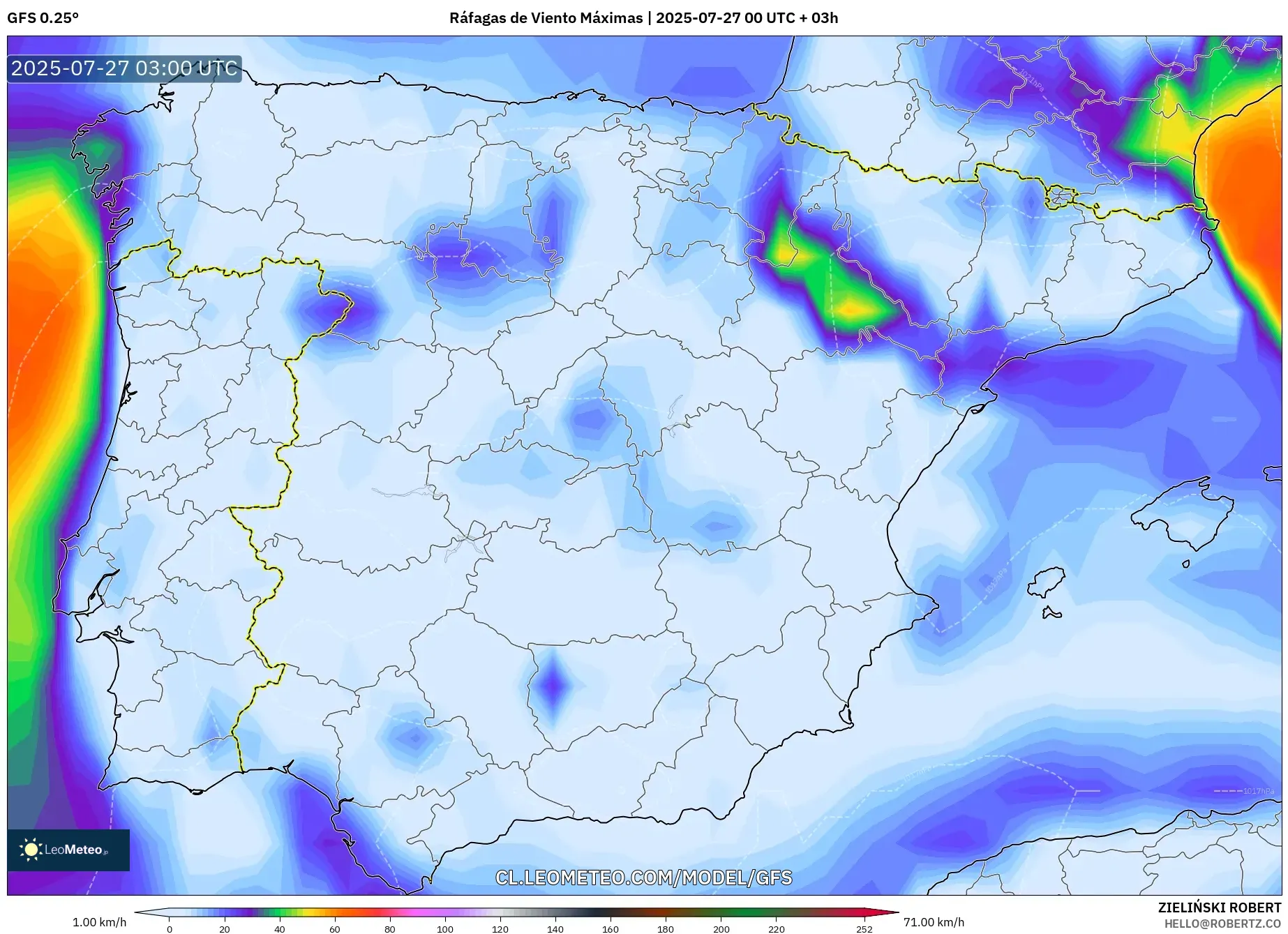 GFS model - España, Ráfagas de Viento Máximas GFS model - España, Ráfagas de Viento Máximas