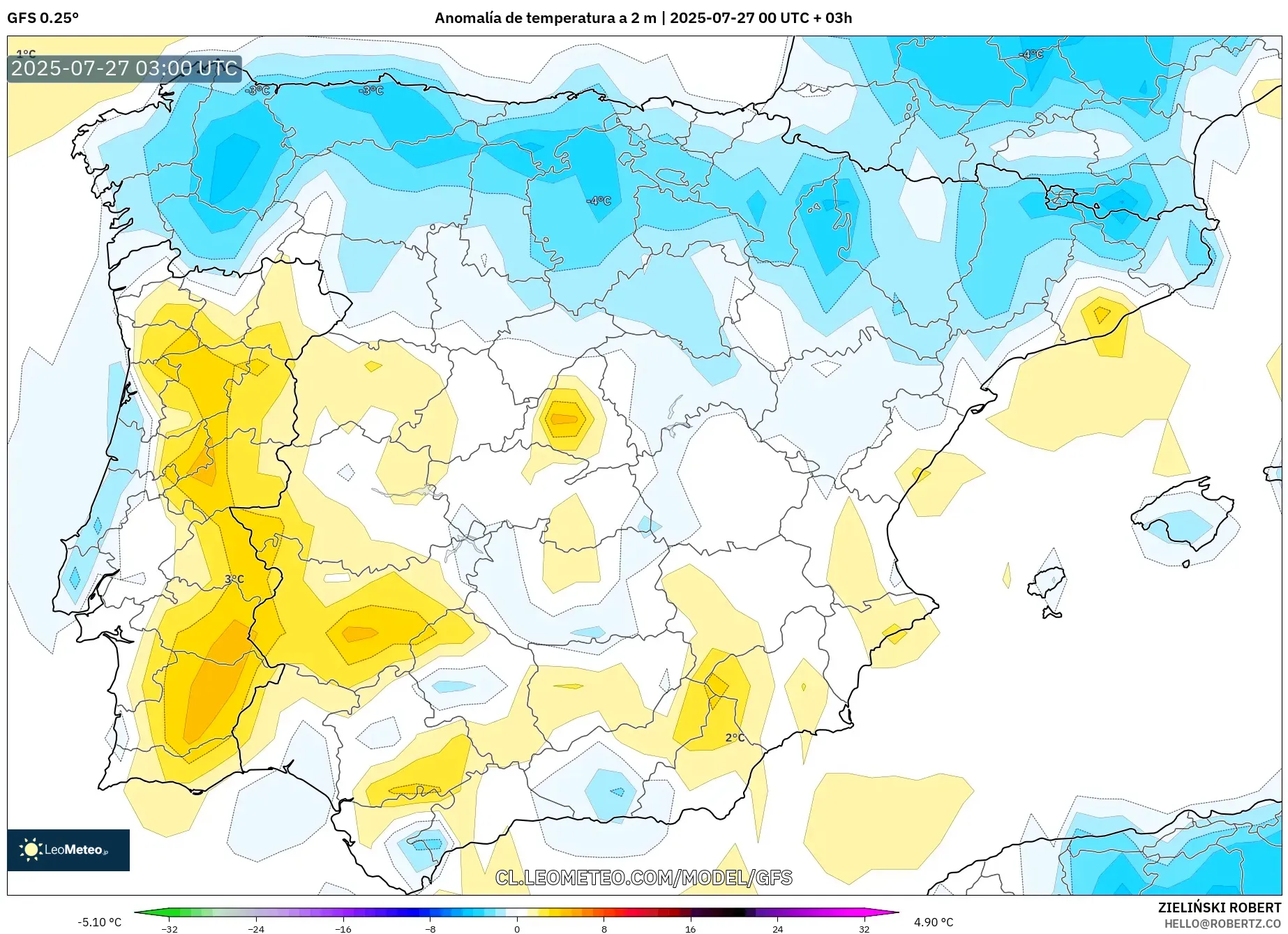 GFS model - España, Anomalía de temperatura a 2 m GFS model - España, Anomalía de temperatura a 2 m