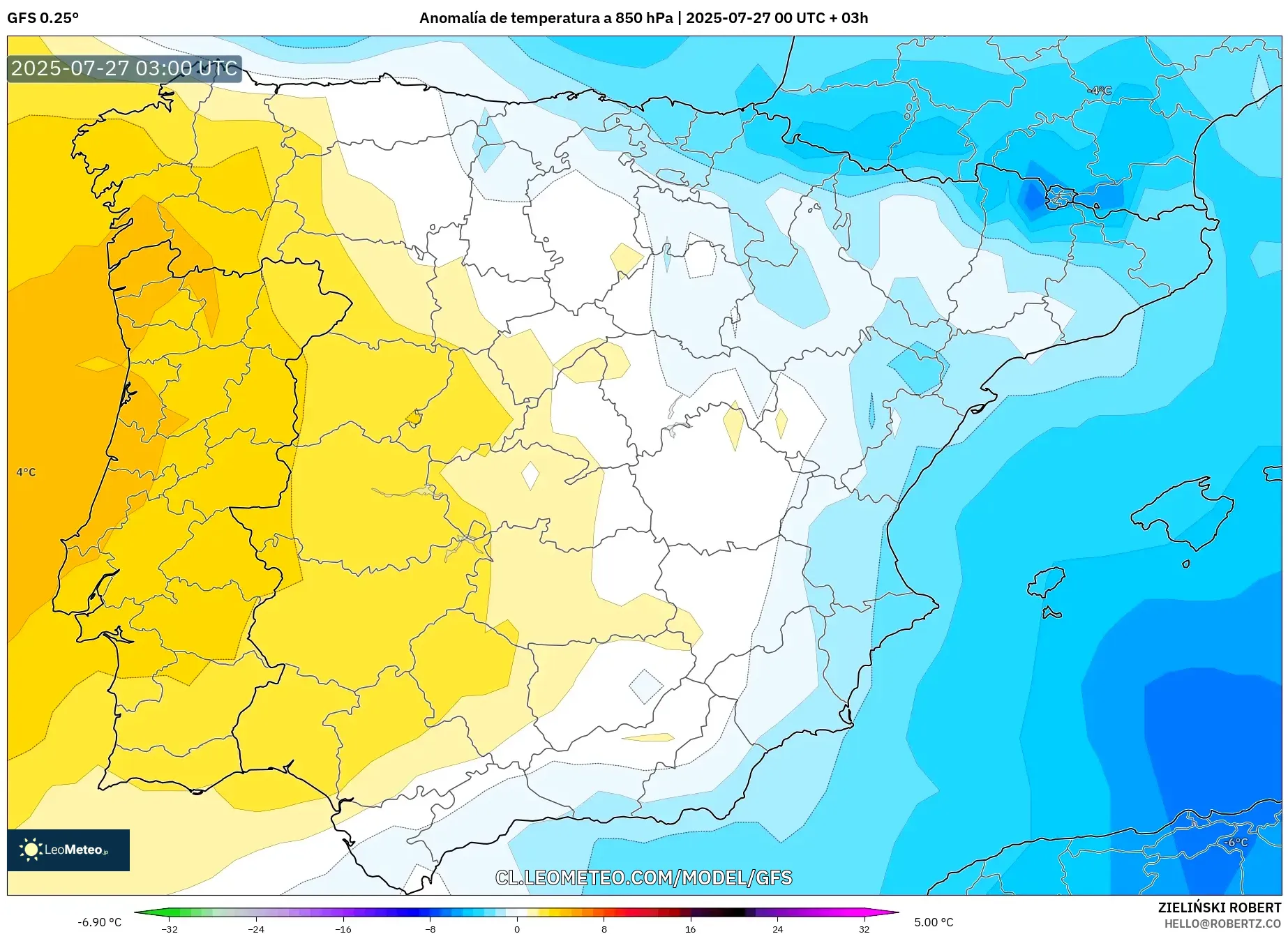GFS model - España, Anomalía de temperatura a 850 hPa GFS model - España, Anomalía de temperatura a 850 hPa