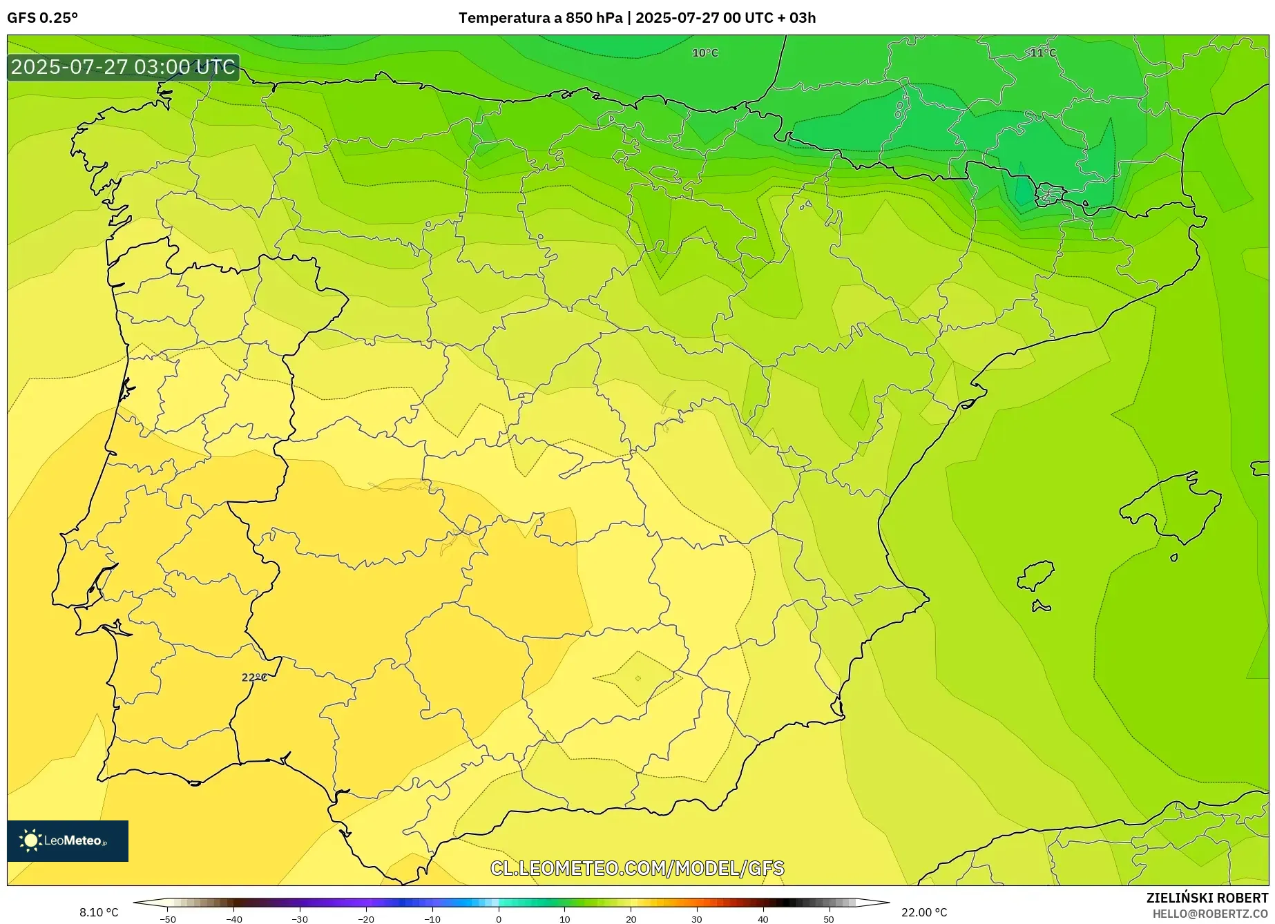 GFS model - España, Temperatura a 850 hPa GFS model - España, Temperatura a 850 hPa