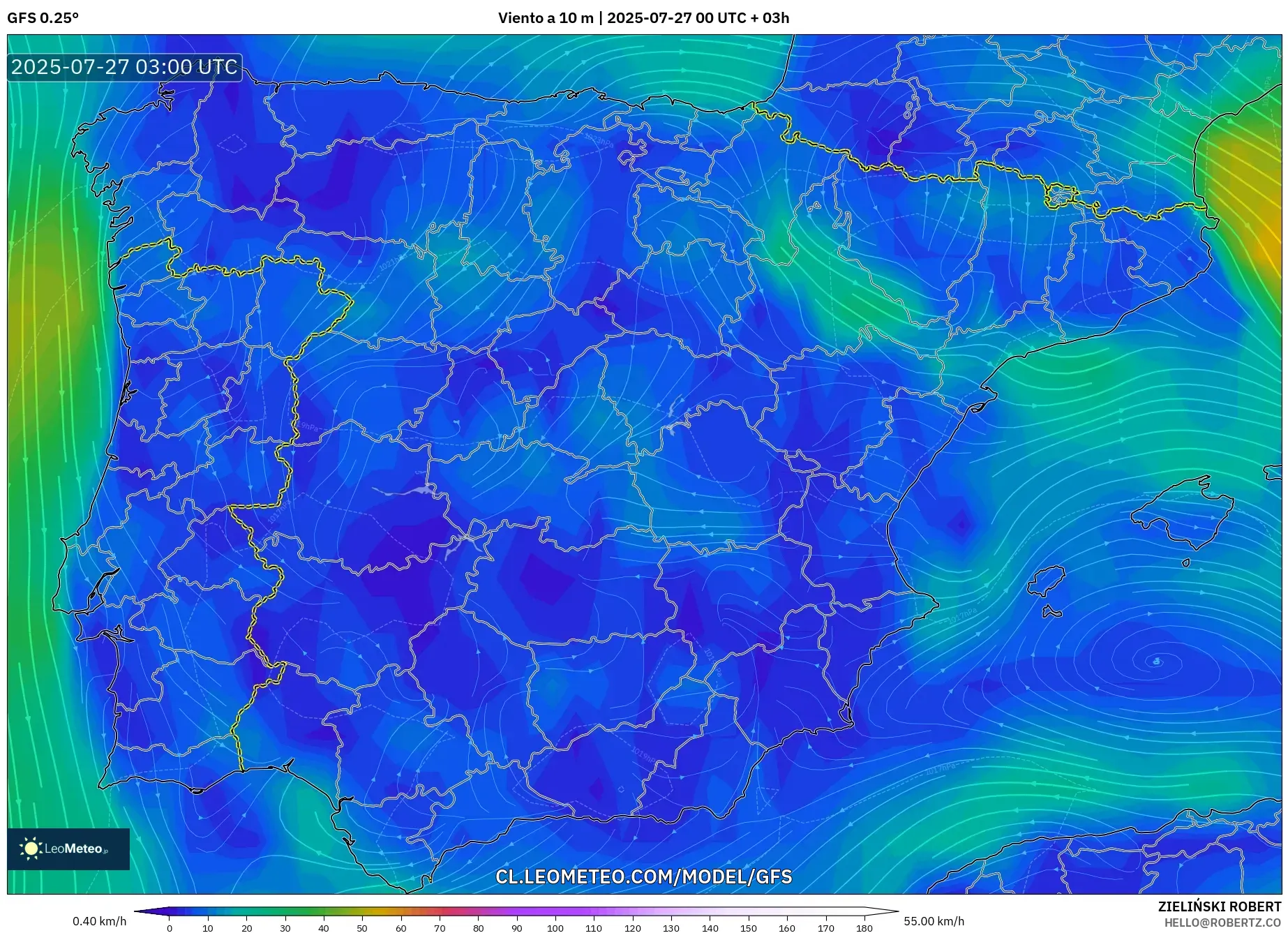 GFS model - España, Viento a 10 m GFS model - España, Viento a 10 m