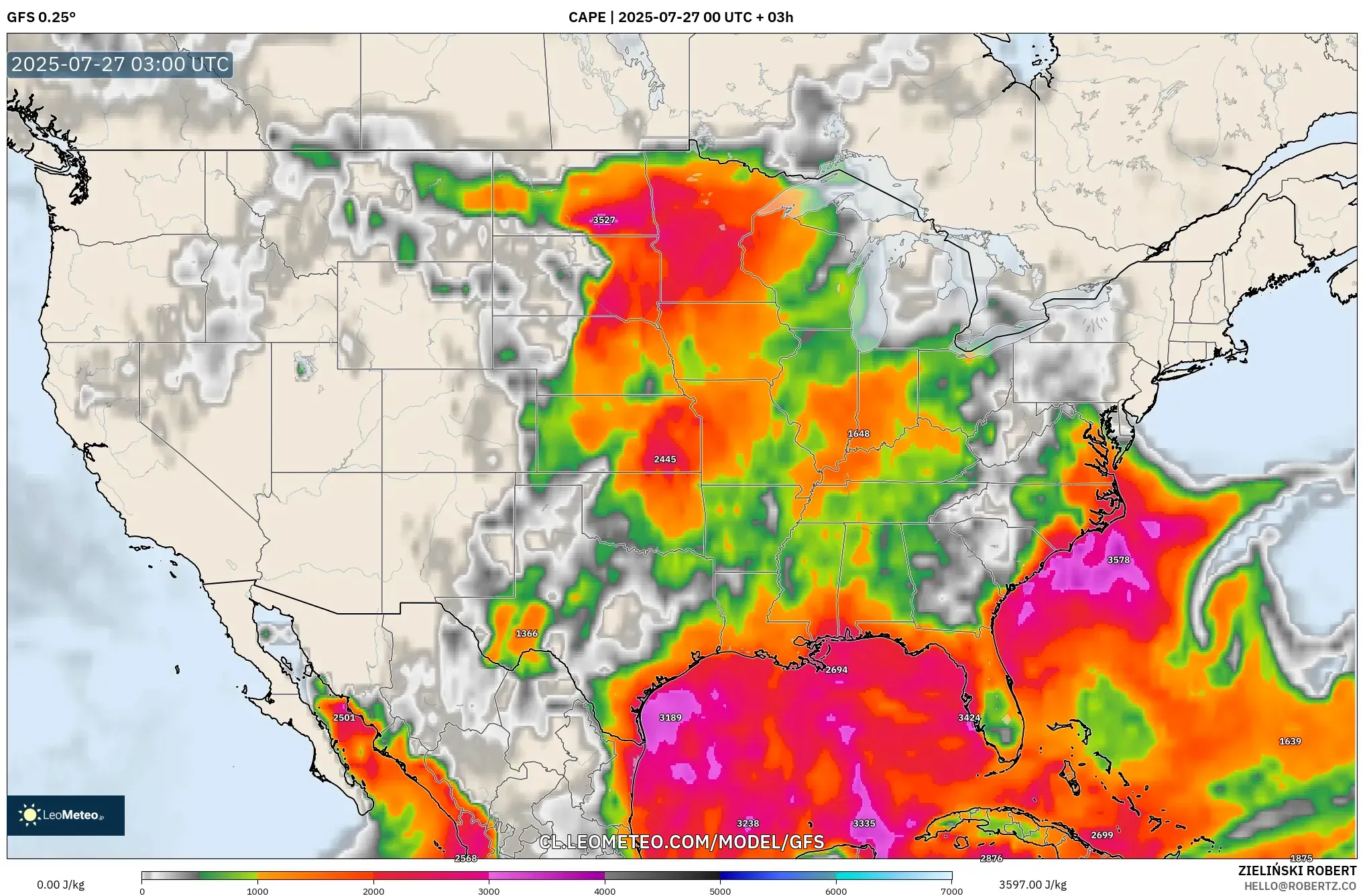 GFS model - Estados Unidos, CAPE GFS model - Estados Unidos, CAPE