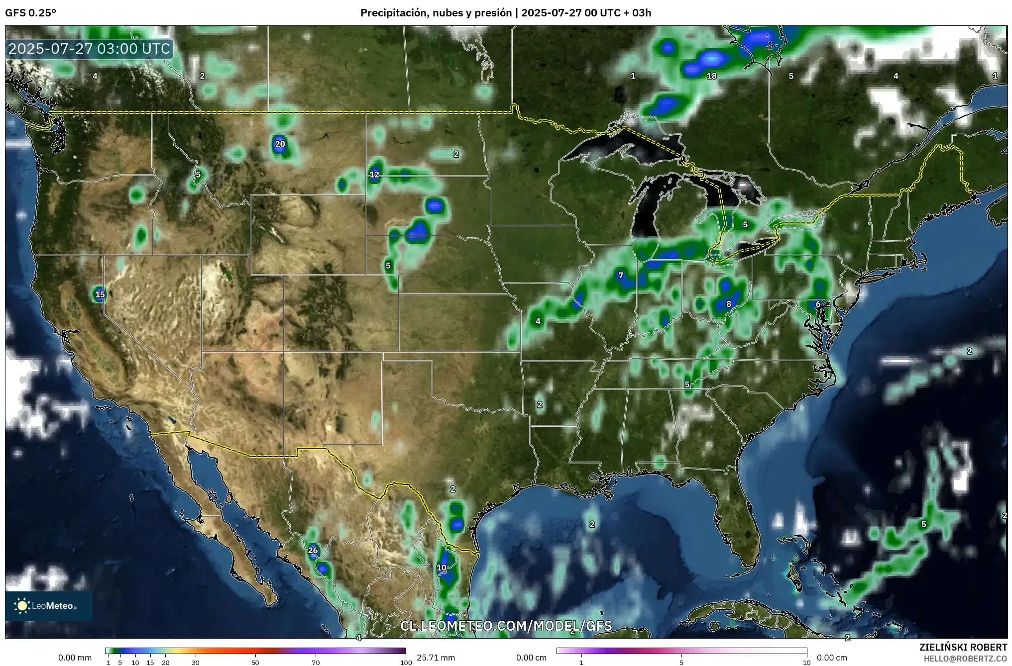 GFS model - Estados Unidos, Precipitación, nubes y presión GFS model - Estados Unidos, Precipitación, nubes y presión