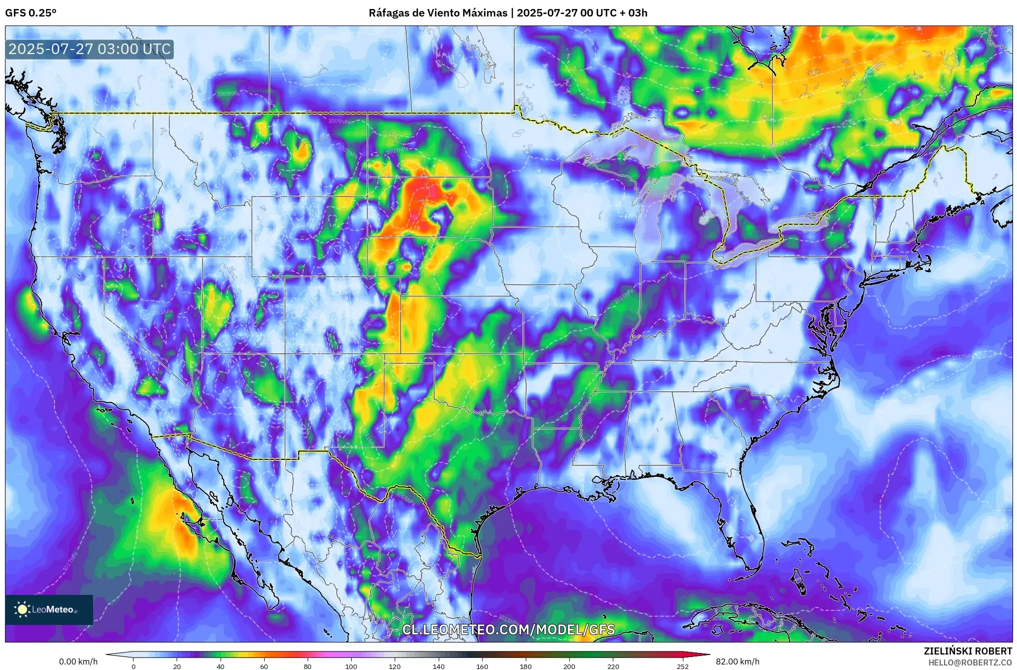GFS model - Estados Unidos, Ráfagas de Viento Máximas