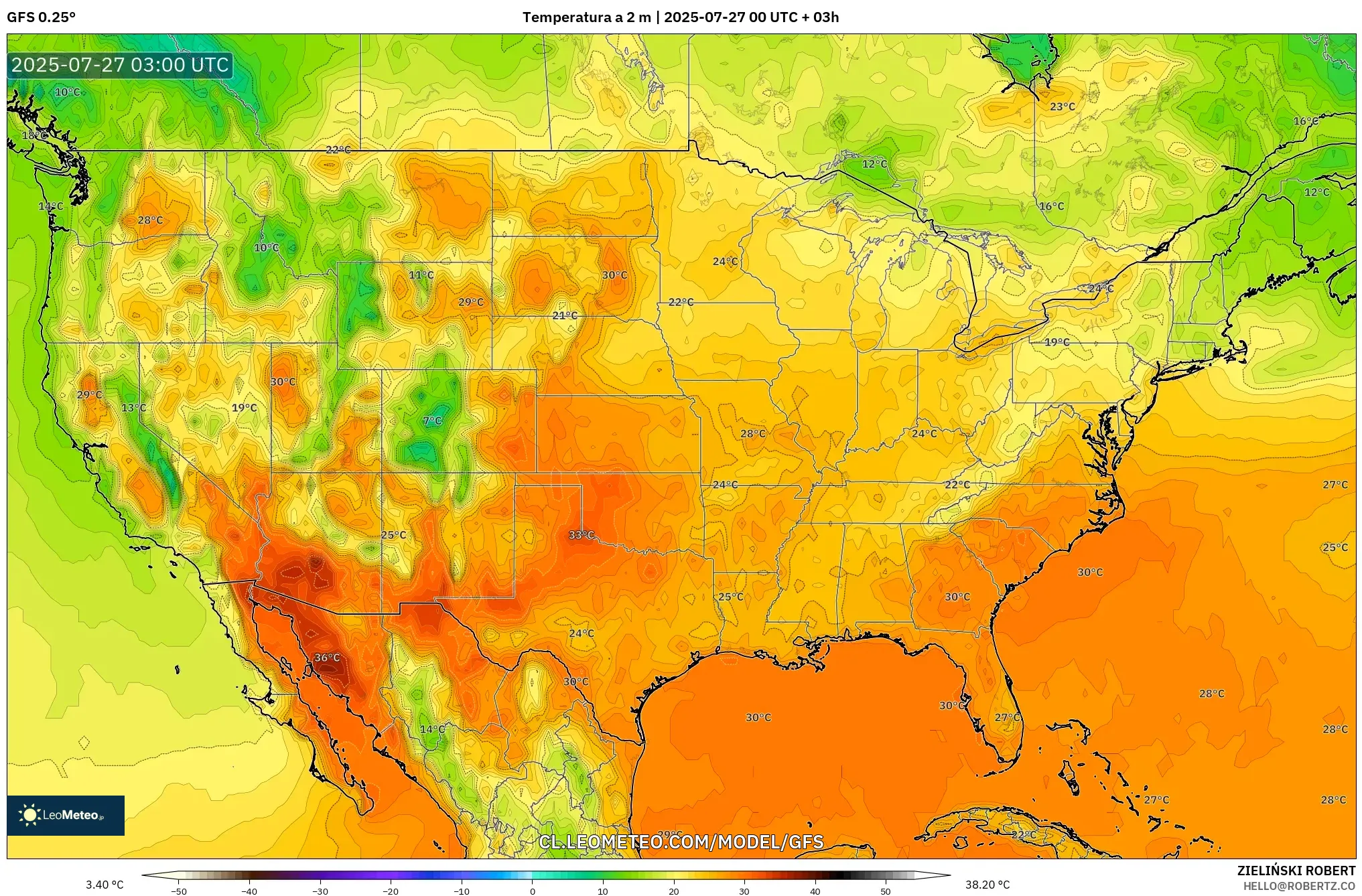 GFS model - Estados Unidos, Temperatura a 2 m GFS model - Estados Unidos, Temperatura a 2 m