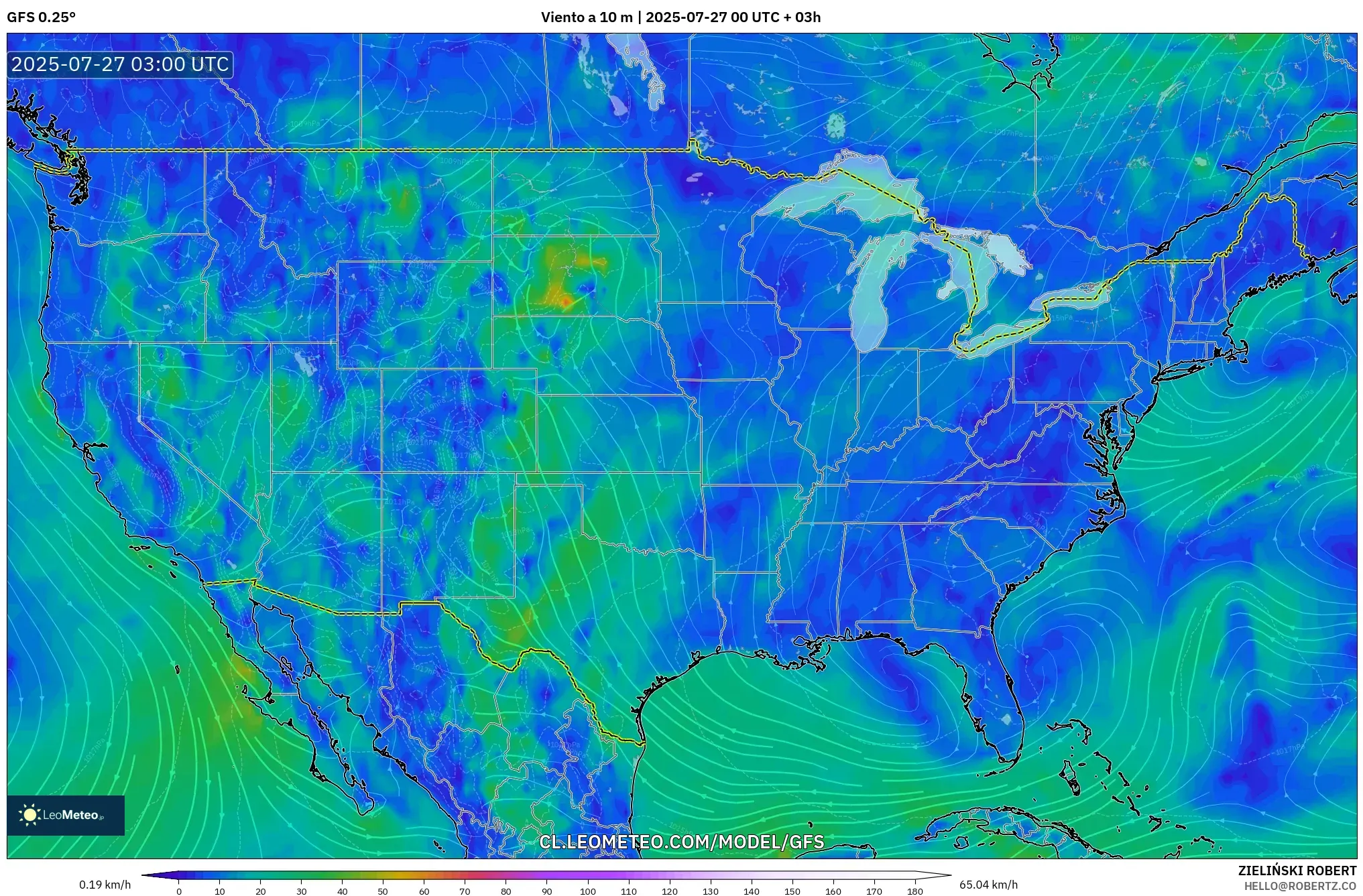 GFS model - Estados Unidos, Viento a 10 m GFS model - Estados Unidos, Viento a 10 m
