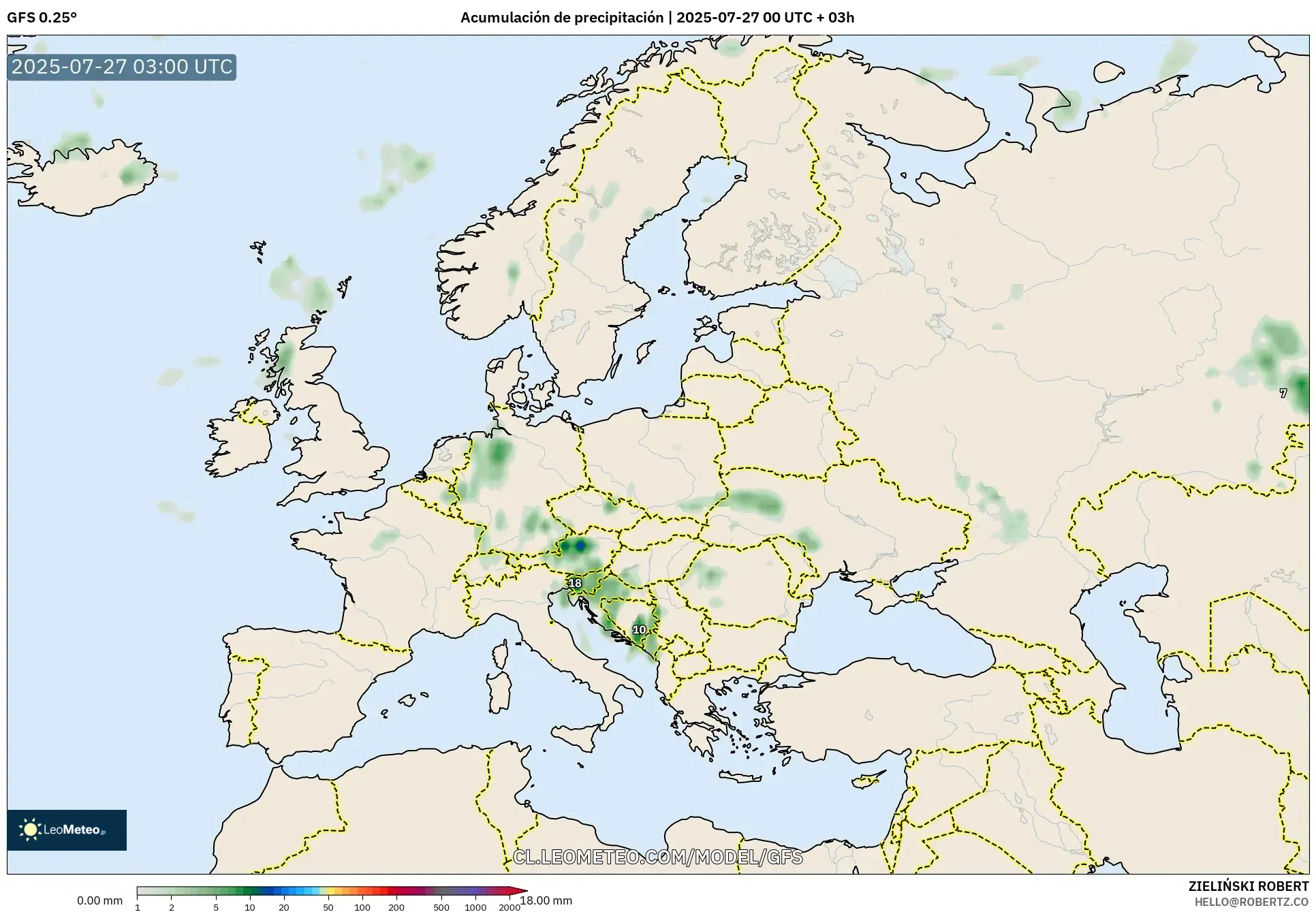 GFS model - Europa, Acumulación de precipitación
