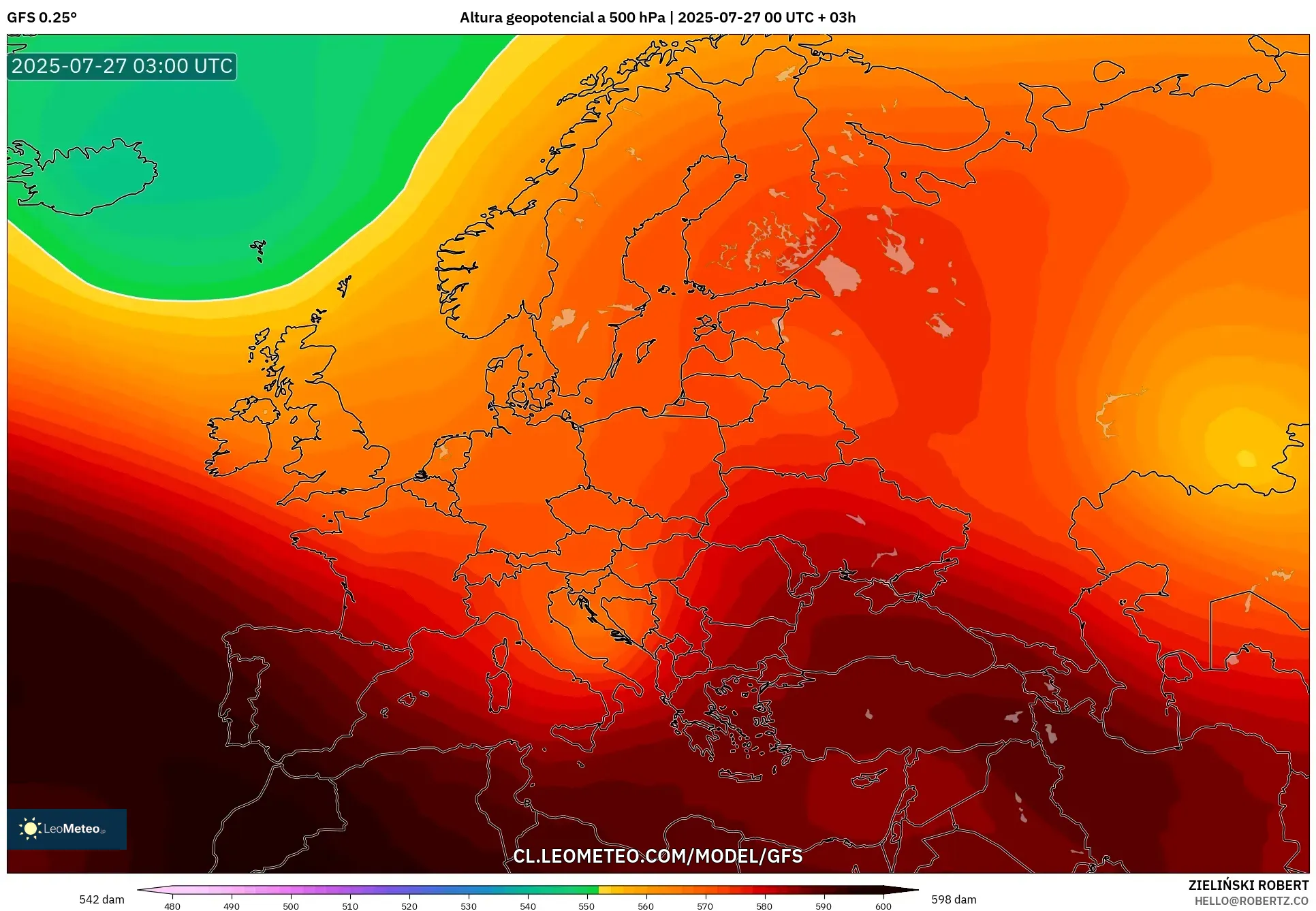 GFS model - Europa, Altura geopotencial a 500 hPa GFS model - Europa, Altura geopotencial a 500 hPa