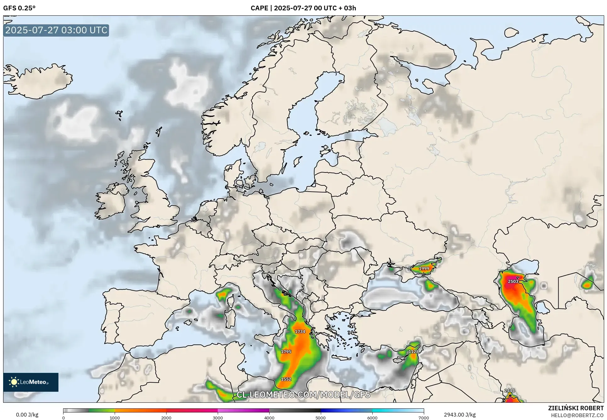 GFS model - Europa, CAPE GFS model - Europa, CAPE