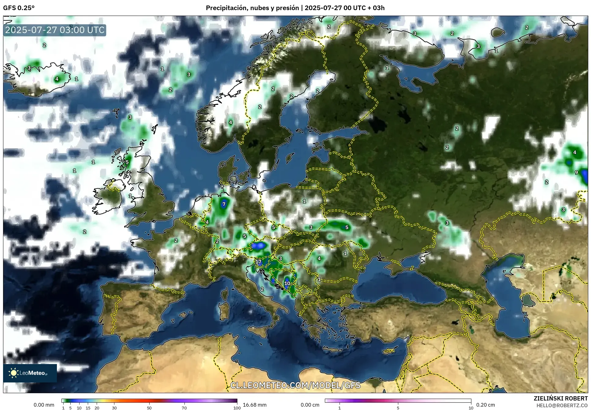 GFS model - Europa, Precipitación, nubes y presión GFS model - Europa, Precipitación, nubes y presión