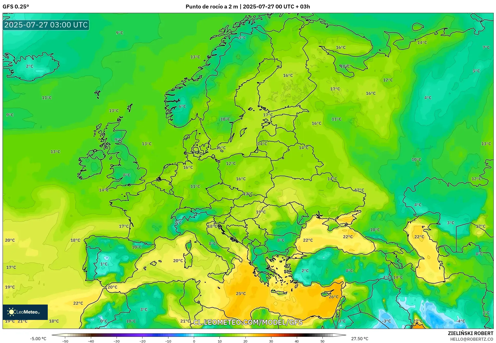 GFS model - Europa, Punto de rocío a 2 m GFS model - Europa, Punto de rocío a 2 m
