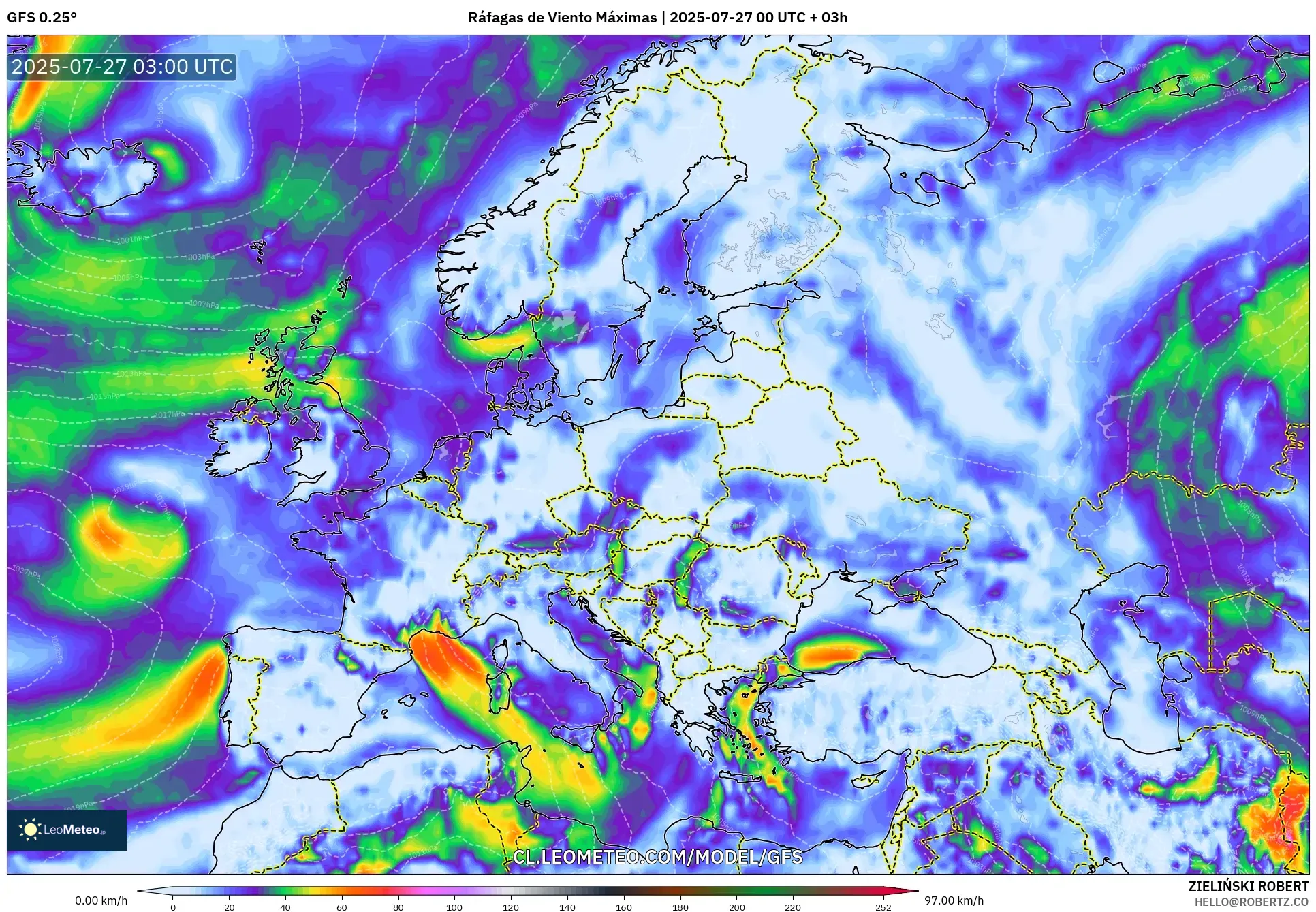 GFS model - Europa, Ráfagas de Viento Máximas GFS model - Europa, Ráfagas de Viento Máximas