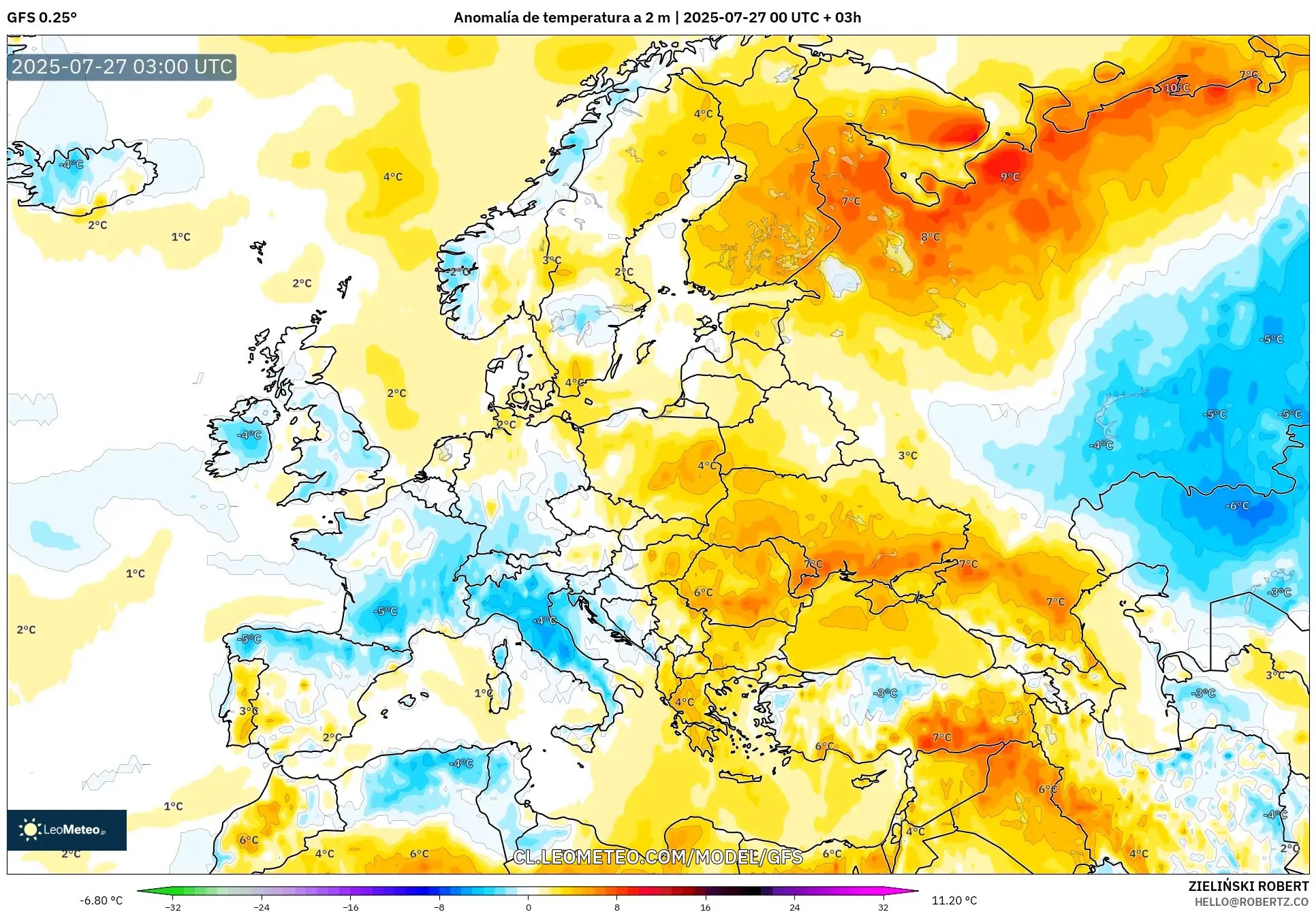 GFS model - Europa, Anomalía de temperatura a 2 m GFS model - Europa, Anomalía de temperatura a 2 m