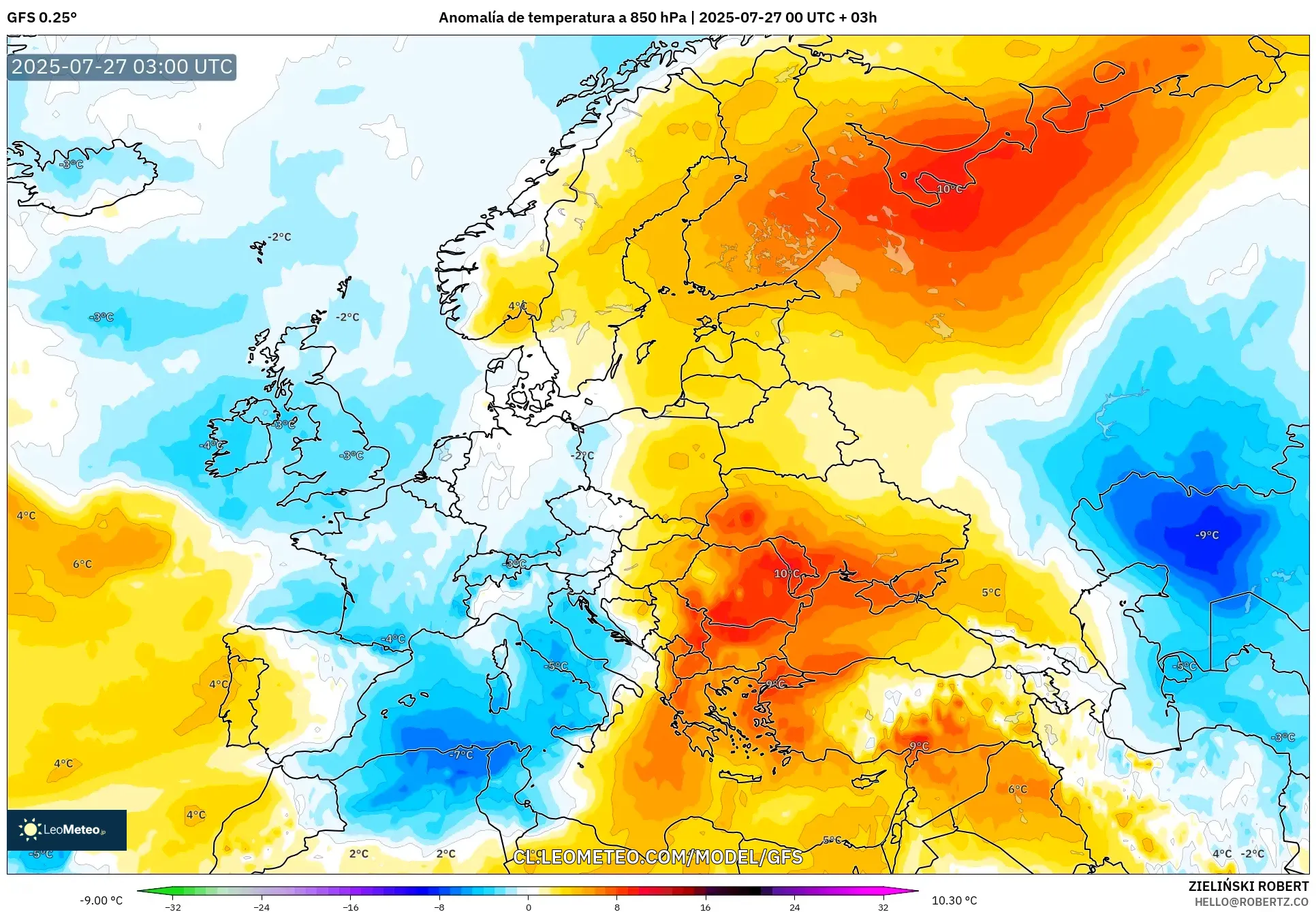 GFS model - Europa, Anomalía de temperatura a 850 hPa GFS model - Europa, Anomalía de temperatura a 850 hPa
