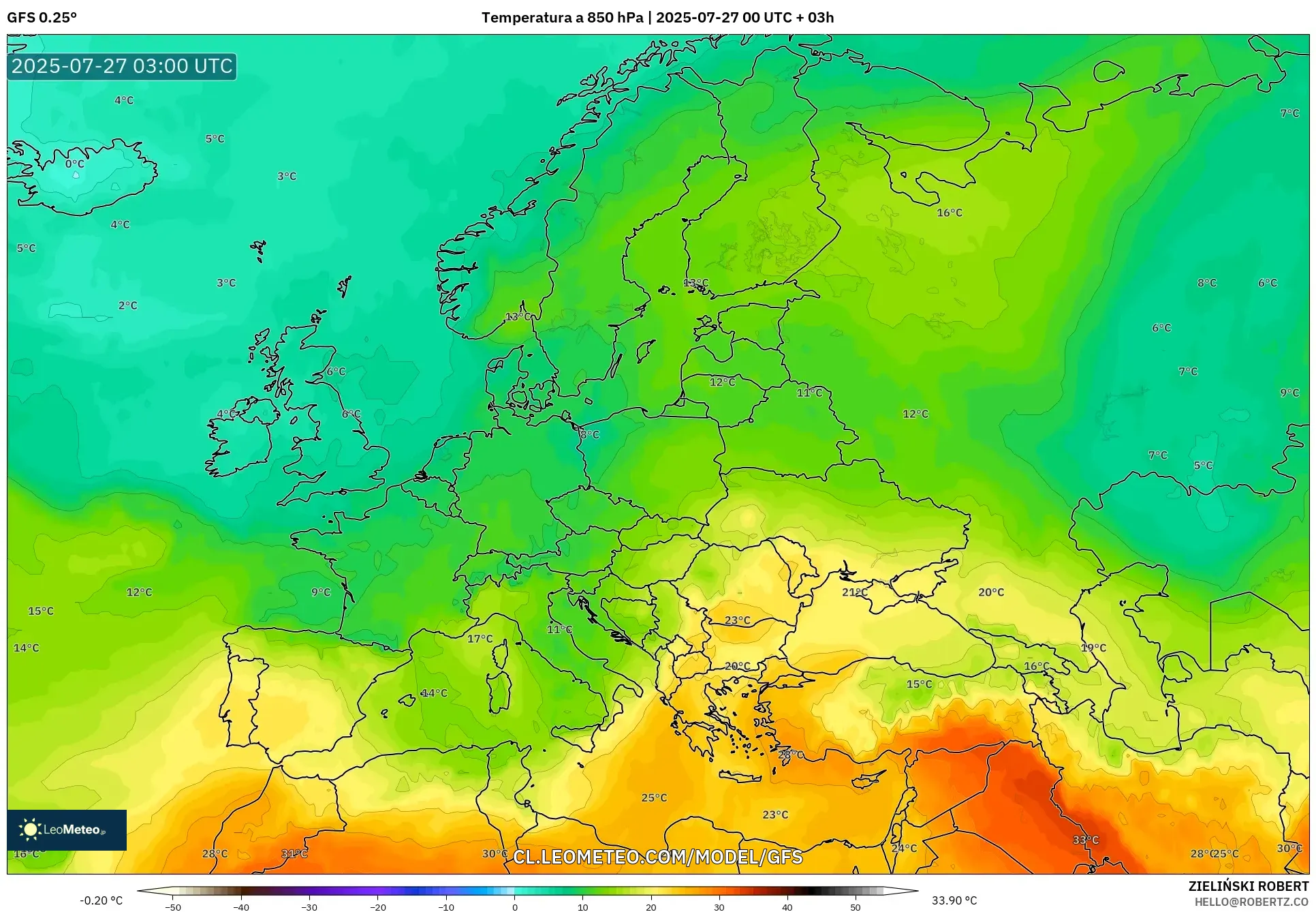 GFS model - Europa, Temperatura a 850 hPa