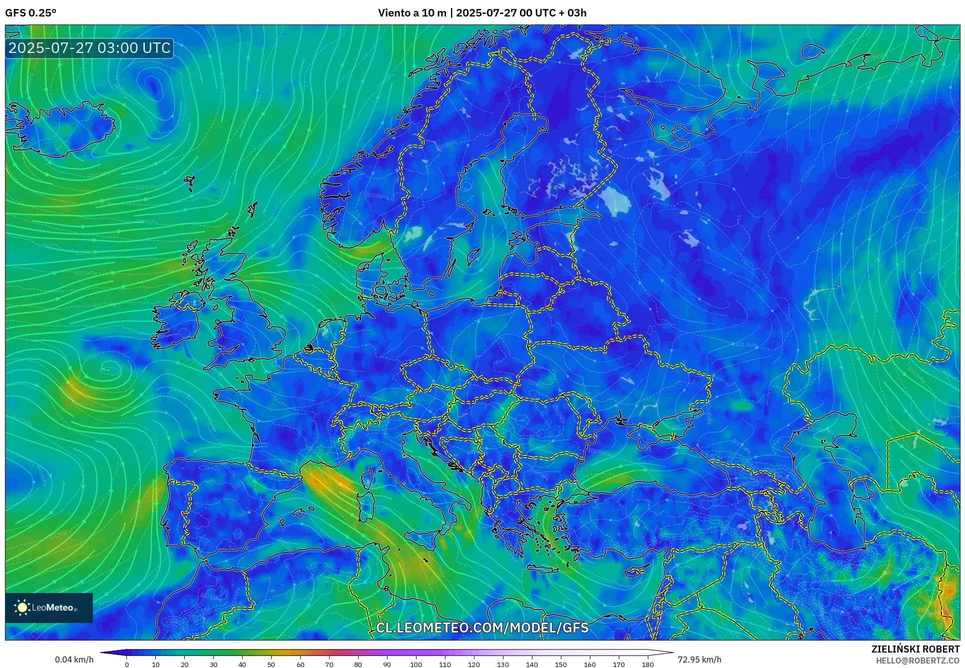 GFS model - Europa, Viento a 10 m GFS model - Europa, Viento a 10 m