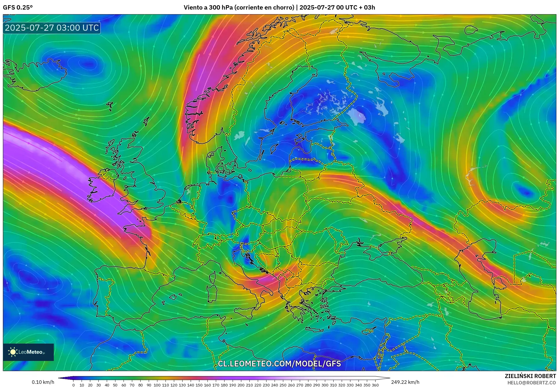 GFS model - Europa, Viento a 300 hPa (corriente en chorro) GFS model - Europa, Viento a 300 hPa (corriente en chorro)