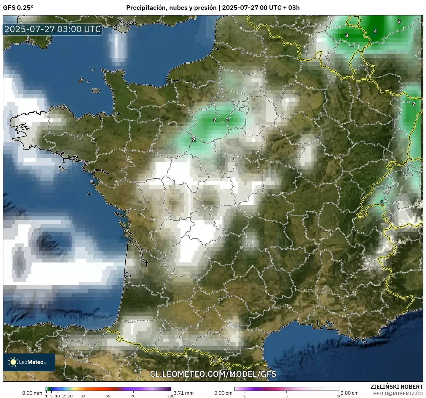 GFS model - Francia, Precipitación, nubes y presión GFS model - Francia, Precipitación, nubes y presión