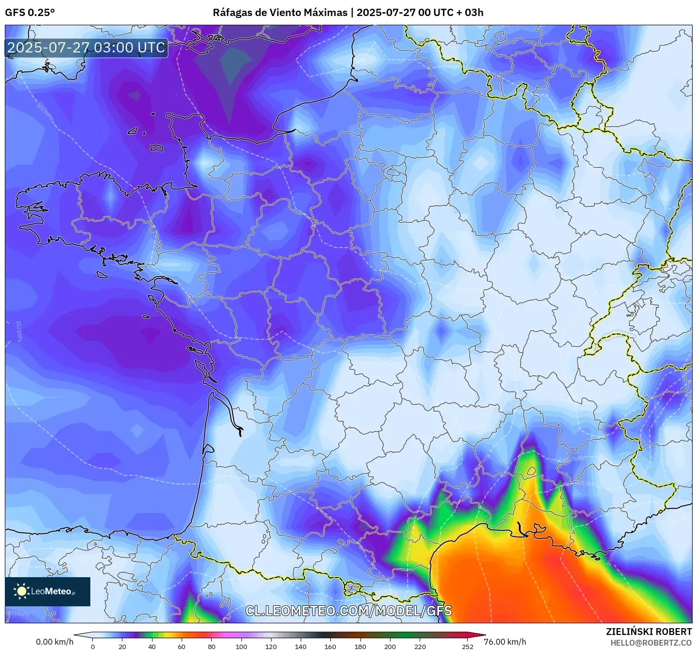 GFS model - Francia, Ráfagas de Viento Máximas