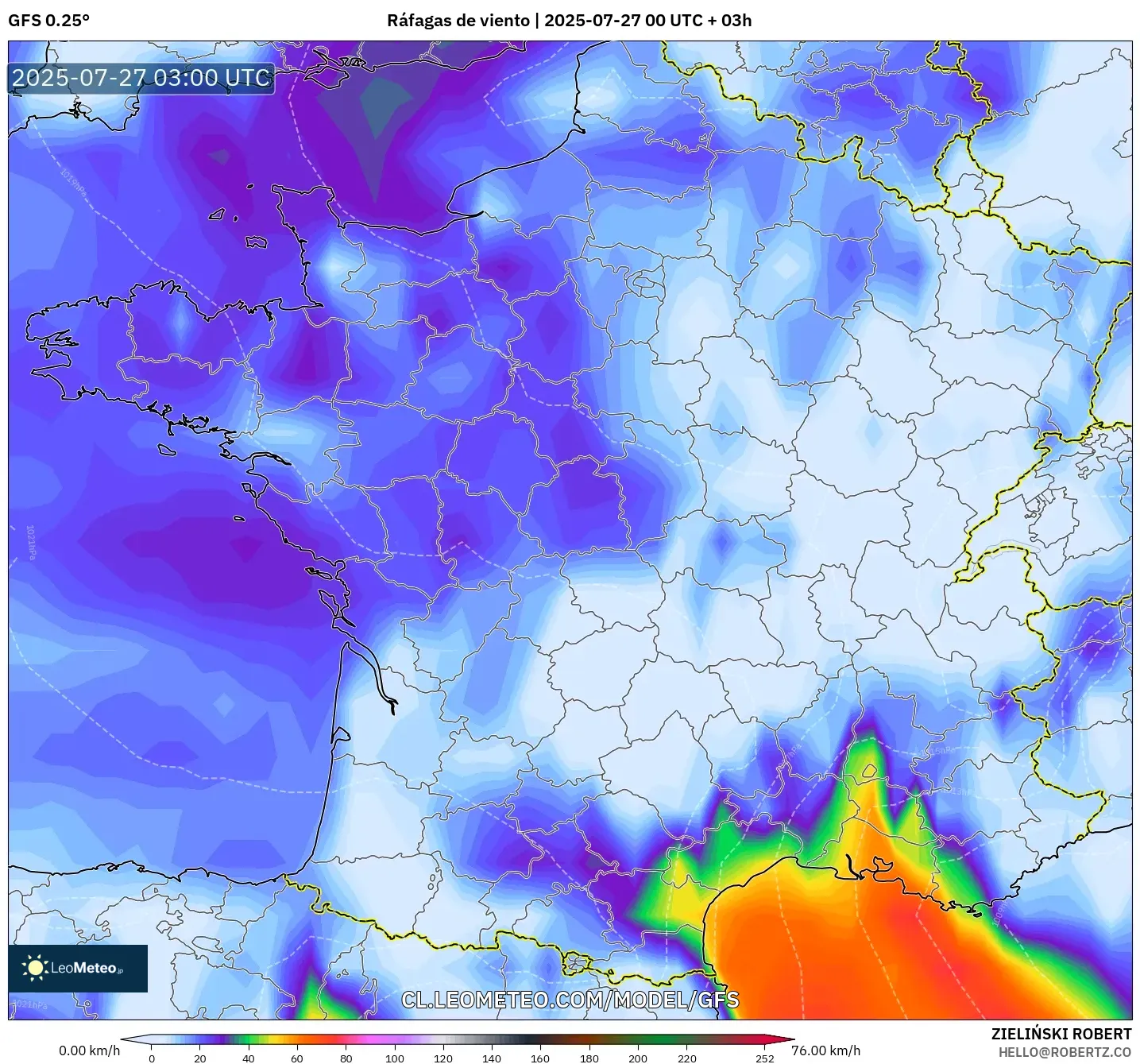 GFS model - Francia, Ráfagas de viento GFS model - Francia, Ráfagas de viento